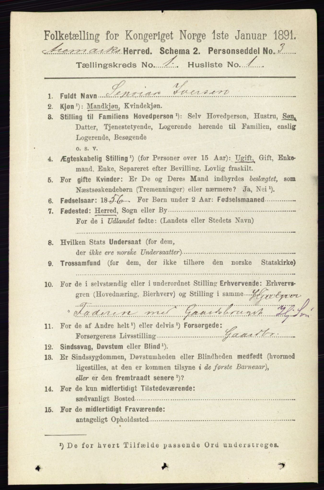 RA, 1891 census for 0118 Aremark, 1891, p. 147