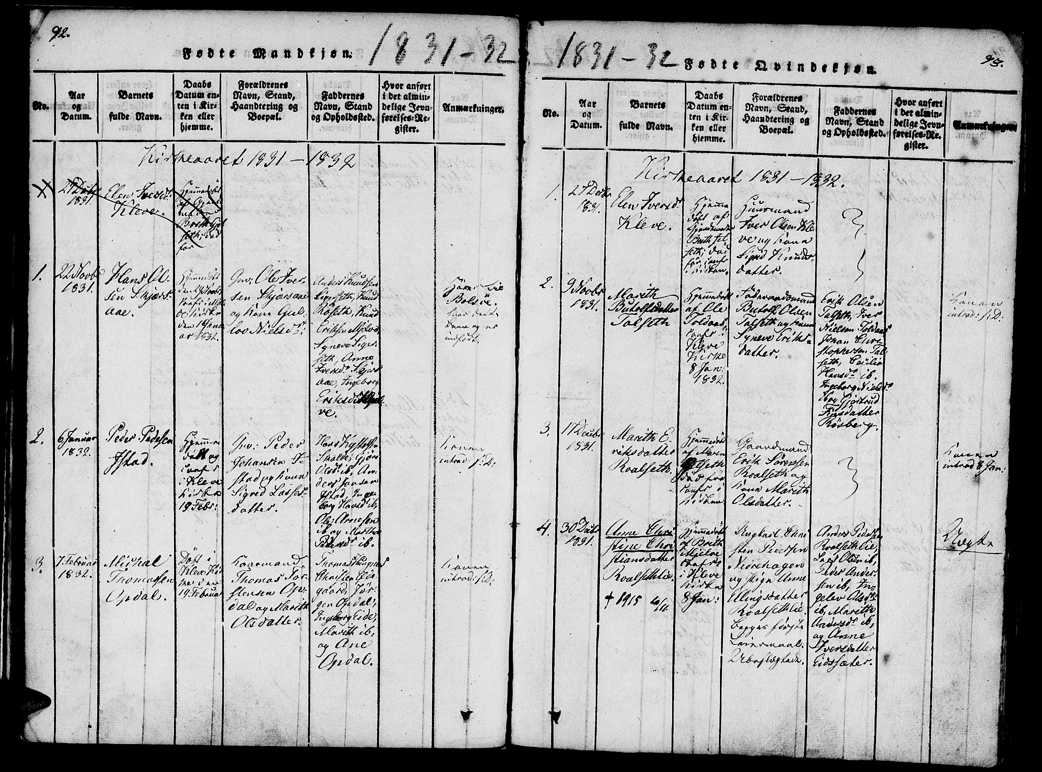Ministerialprotokoller, klokkerbøker og fødselsregistre - Møre og Romsdal, SAT/A-1454/557/L0679: Parish register (official) no. 557A01, 1818-1843, p. 92-93