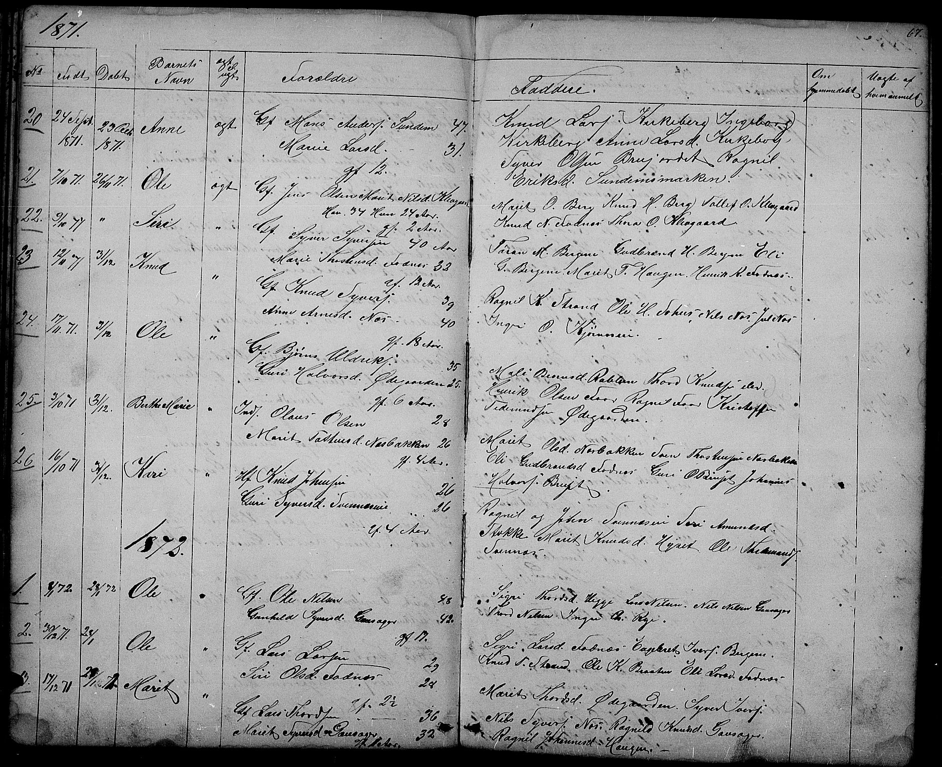 Nord-Aurdal prestekontor, SAH/PREST-132/H/Ha/Hab/L0003: Parish register (copy) no. 3, 1842-1882, p. 67