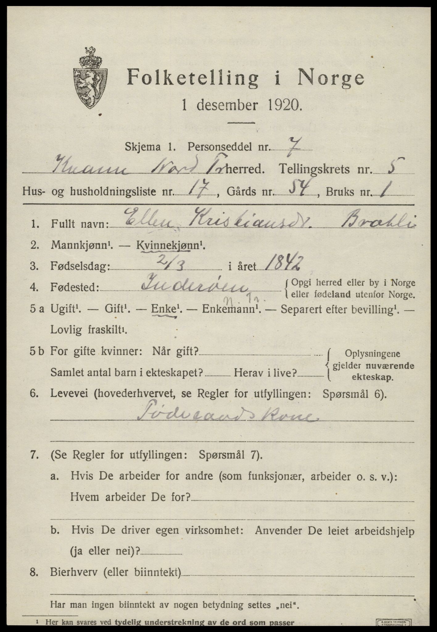 SAT, 1920 census for Kvam, 1920, p. 1577