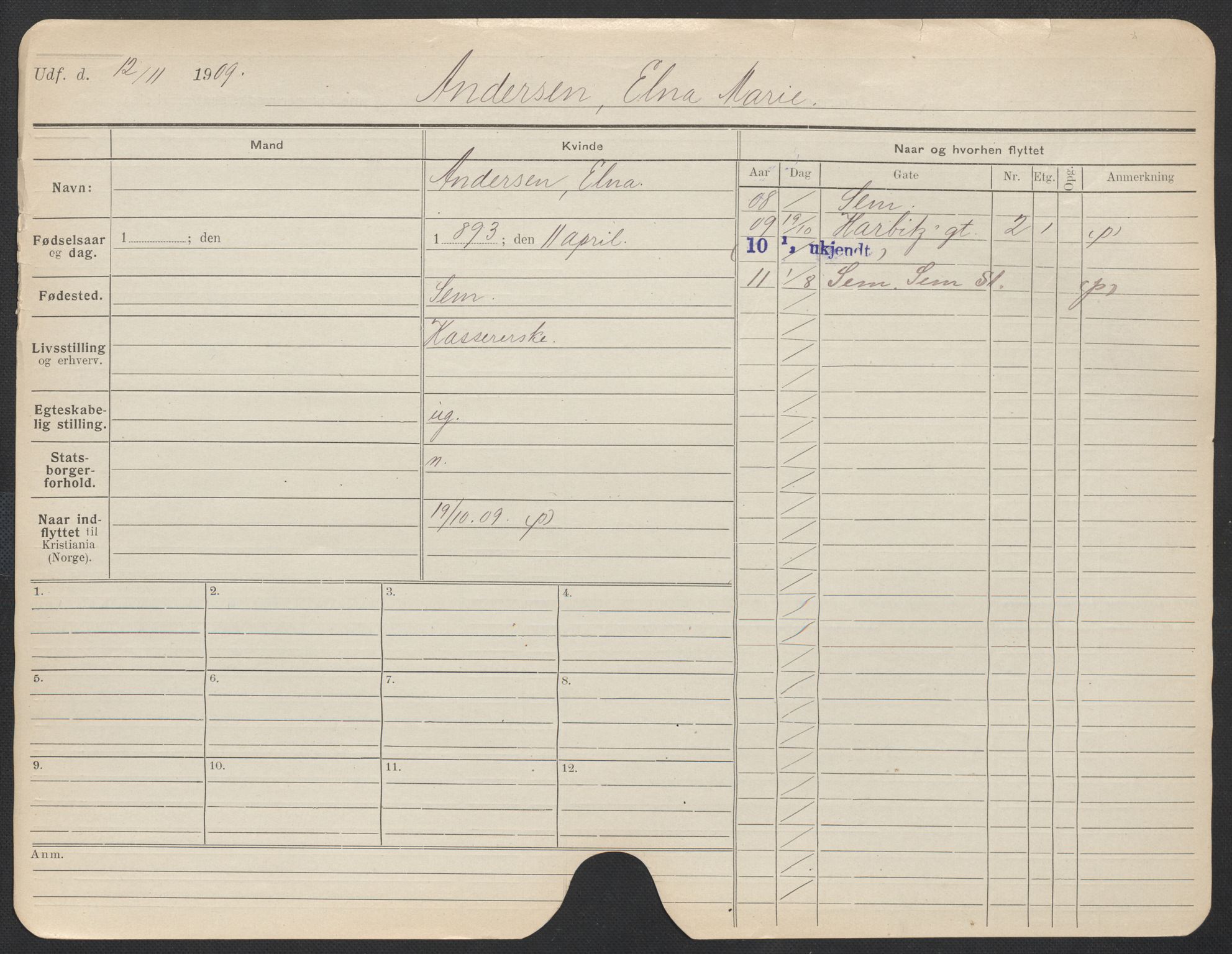 Oslo folkeregister, Registerkort, SAO/A-11715/F/Fa/Fac/L0012: Kvinner, 1906-1914, p. 373a