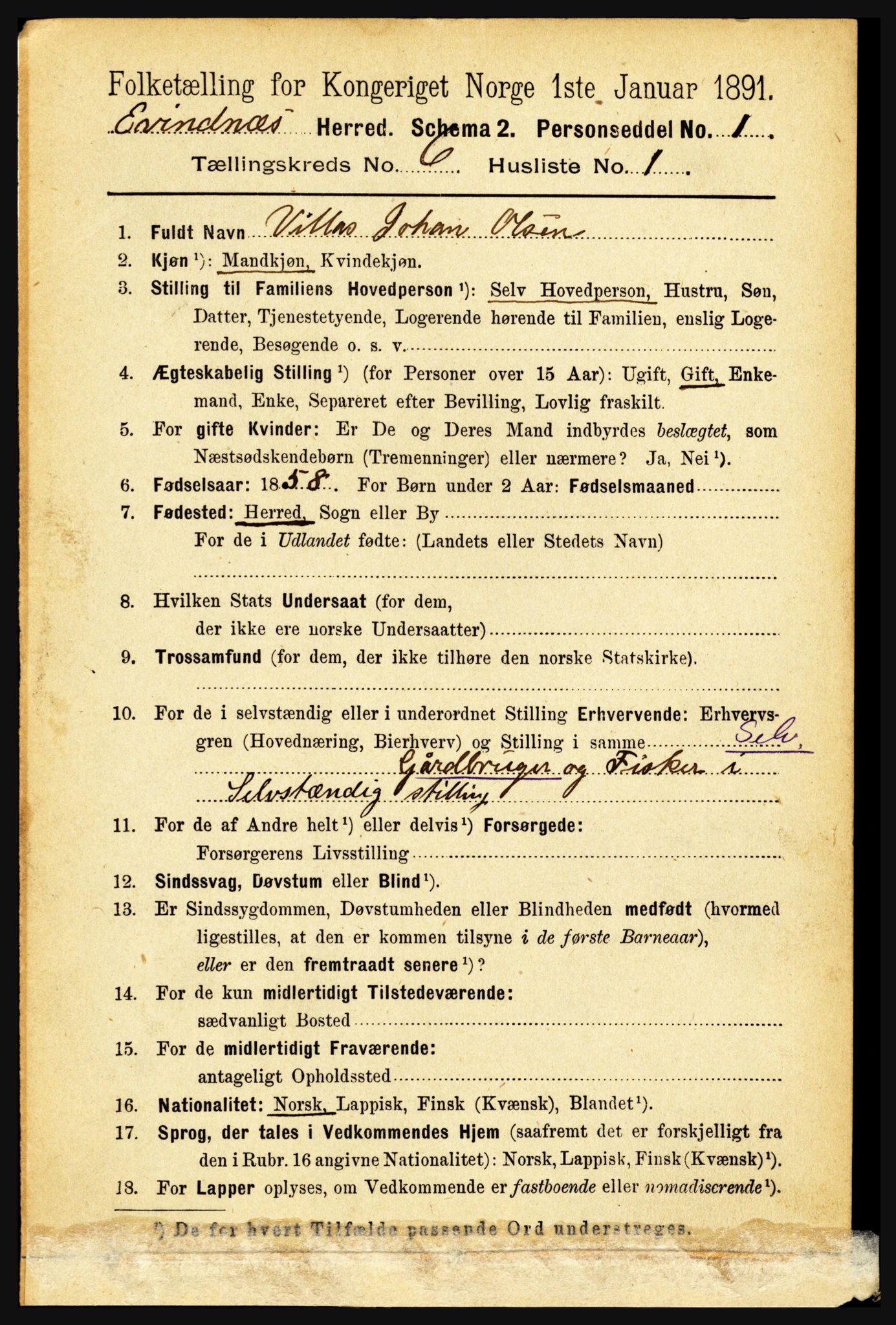 RA, 1891 census for 1853 Evenes, 1891, p. 1921