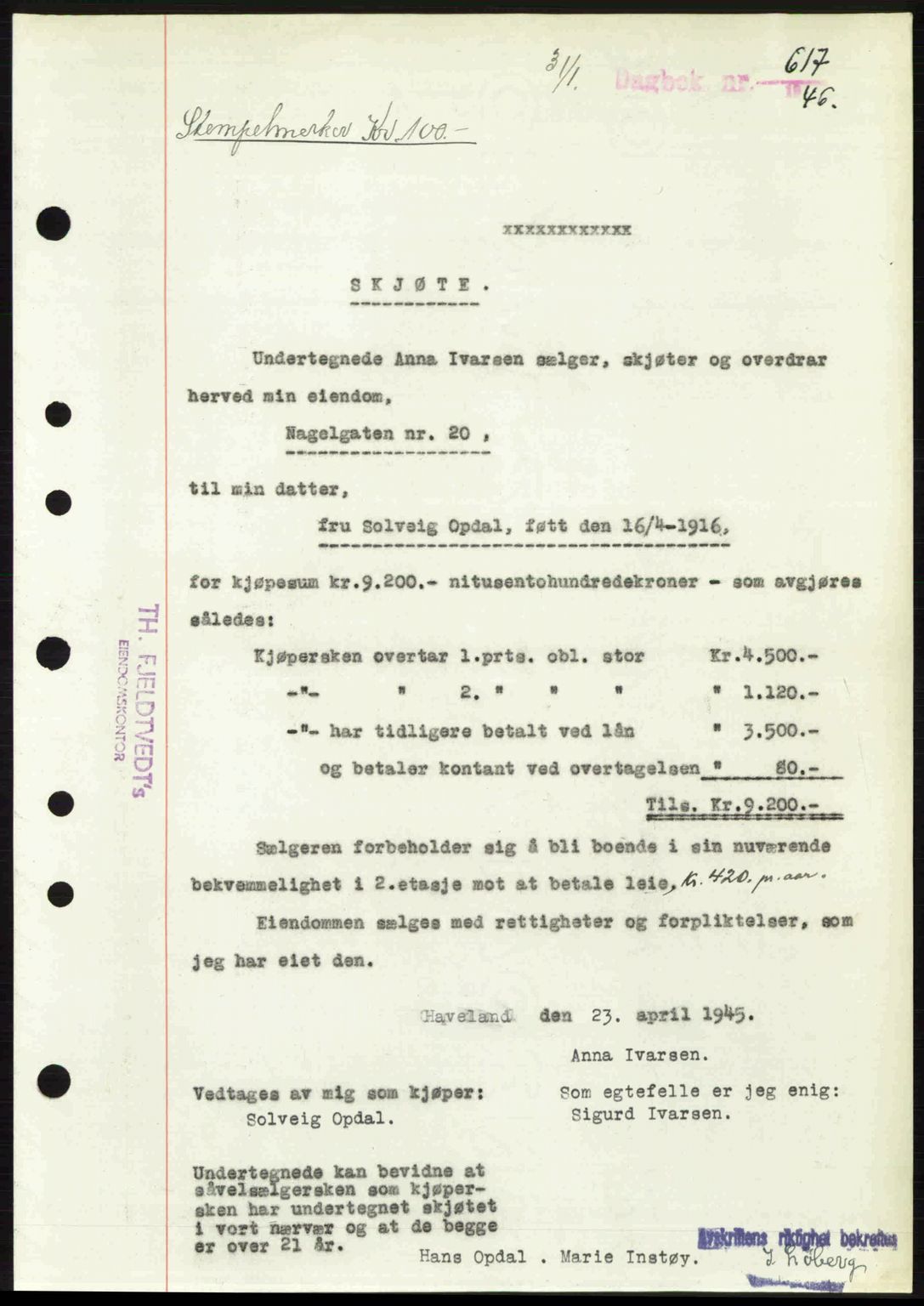 Byfogd og Byskriver i Bergen, SAB/A-3401/03/03Bc/L0022: Mortgage book no. A18, 1946-1946, Diary no: : 617/1946