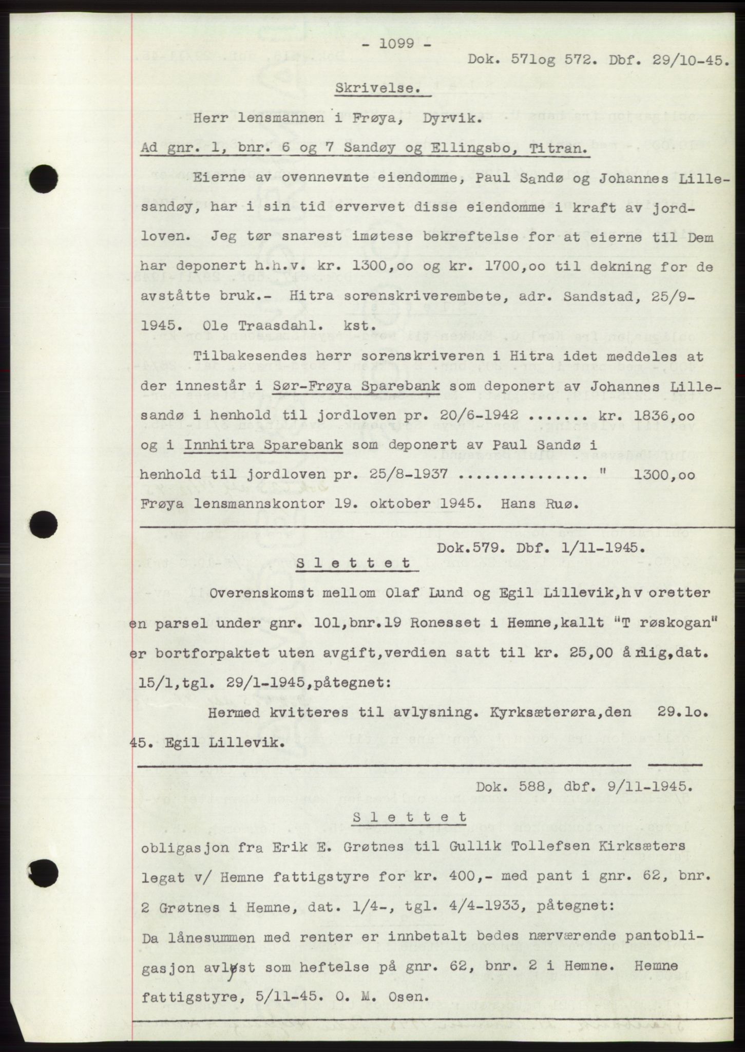 Hitra sorenskriveri, AV/SAT-A-0018/2/2C/2Ca: Mortgage book no. C1, 1936-1945, Diary no: : 571/1945