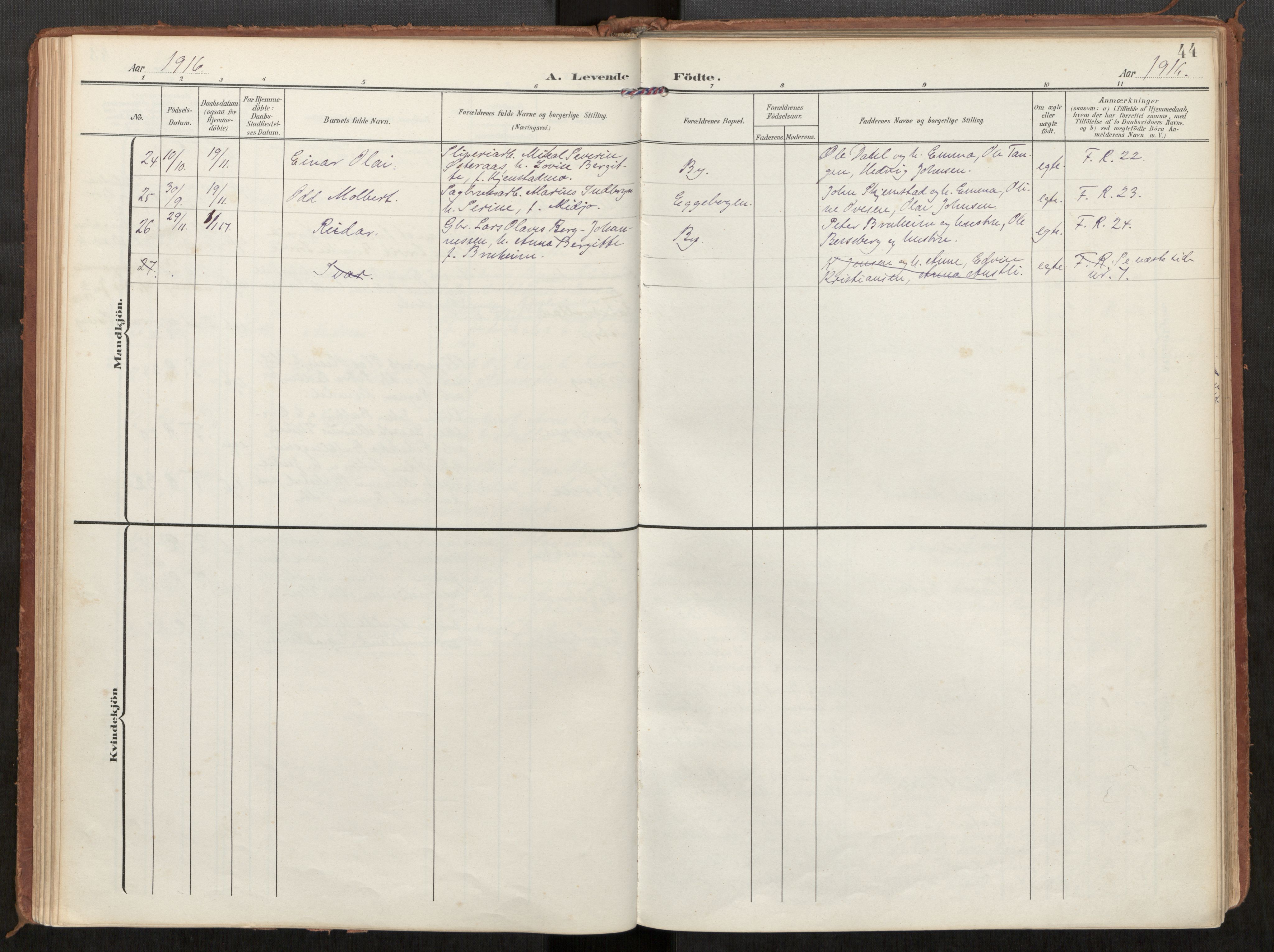 Steinkjer sokneprestkontor, SAT/A-1541/01/H/Ha/Haa/L0002: Parish register (official) no. 2, 1907-1917, p. 44