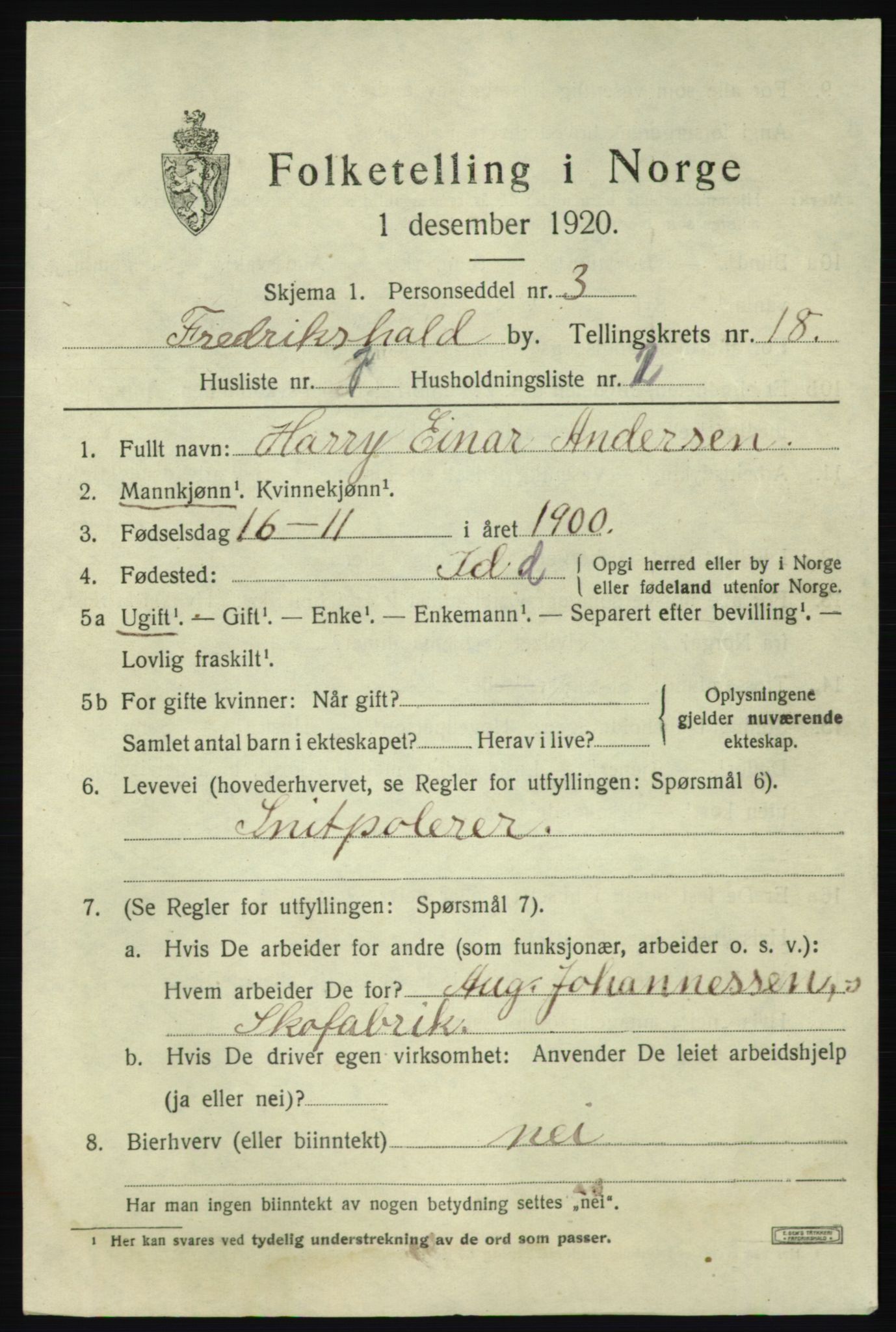 SAO, 1920 census for Fredrikshald, 1920, p. 27213