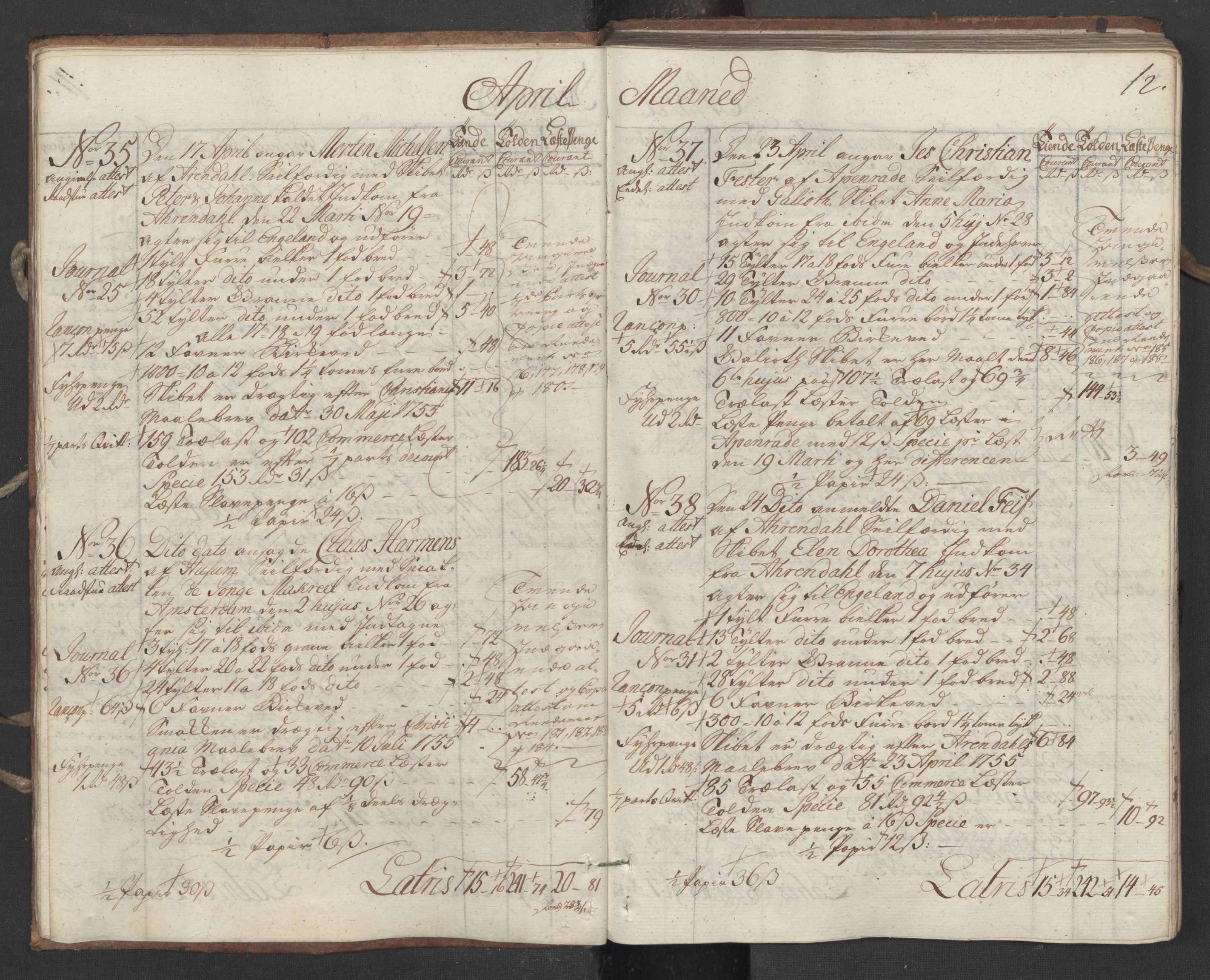 Generaltollkammeret, tollregnskaper, AV/RA-EA-5490/R16/L0034/0001: Tollregnskaper Kristiansand / Utgående hovedtollbok, 1756, p. 11b-12a