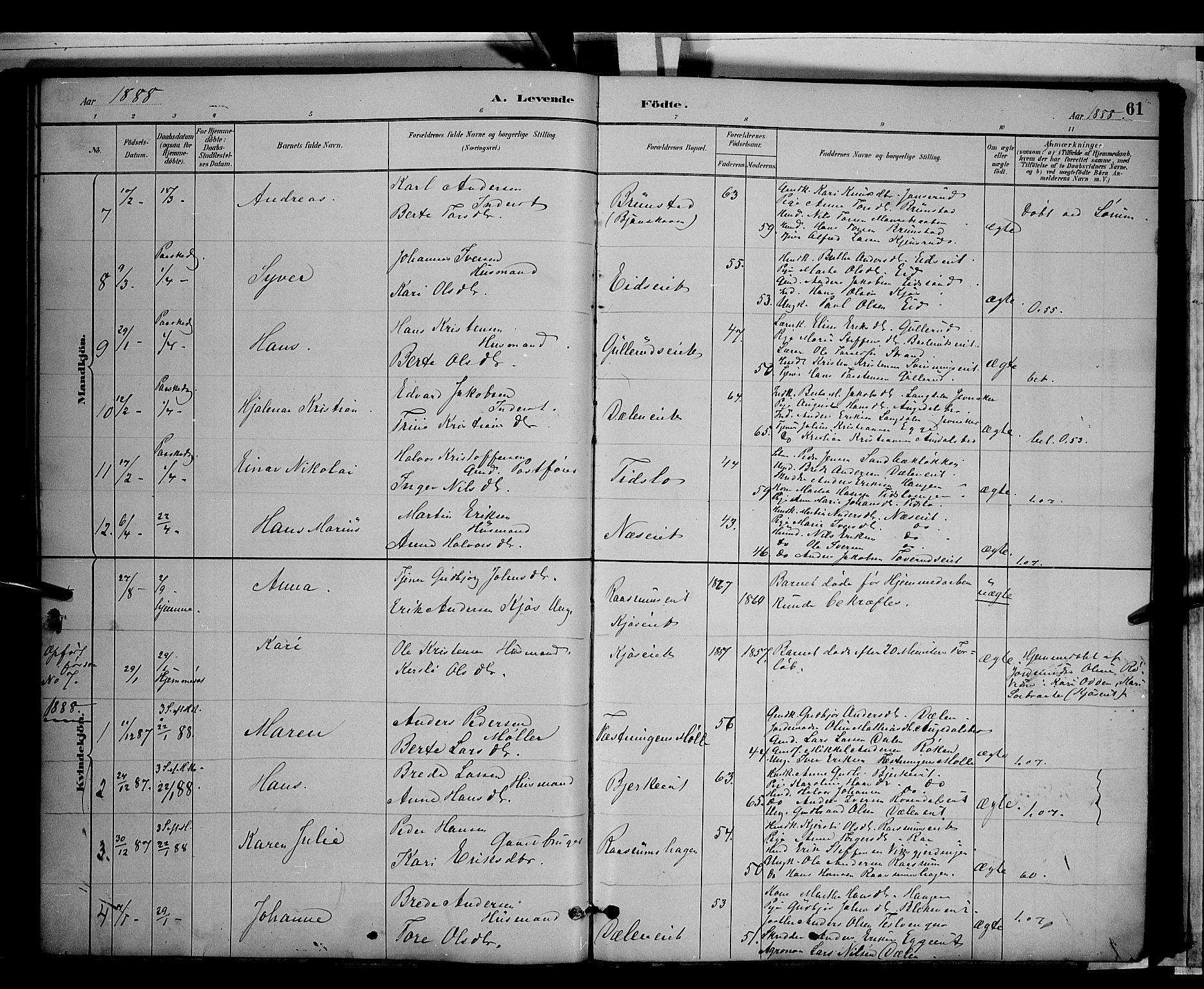 Gran prestekontor, SAH/PREST-112/H/Ha/Hab/L0003: Parish register (copy) no. 3, 1882-1890, p. 61