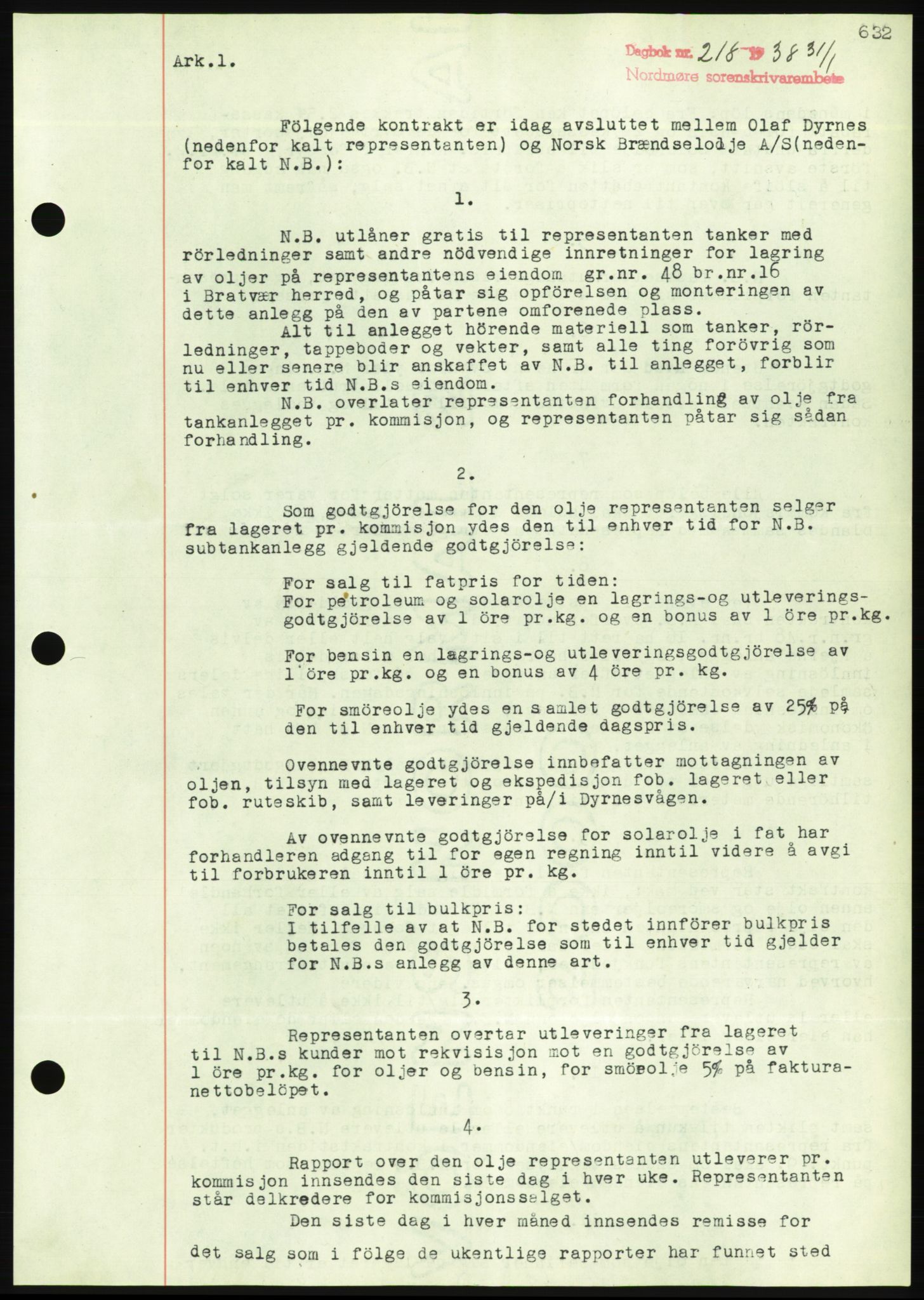 Nordmøre sorenskriveri, AV/SAT-A-4132/1/2/2Ca/L0092: Mortgage book no. B82, 1937-1938, Diary no: : 218/1938