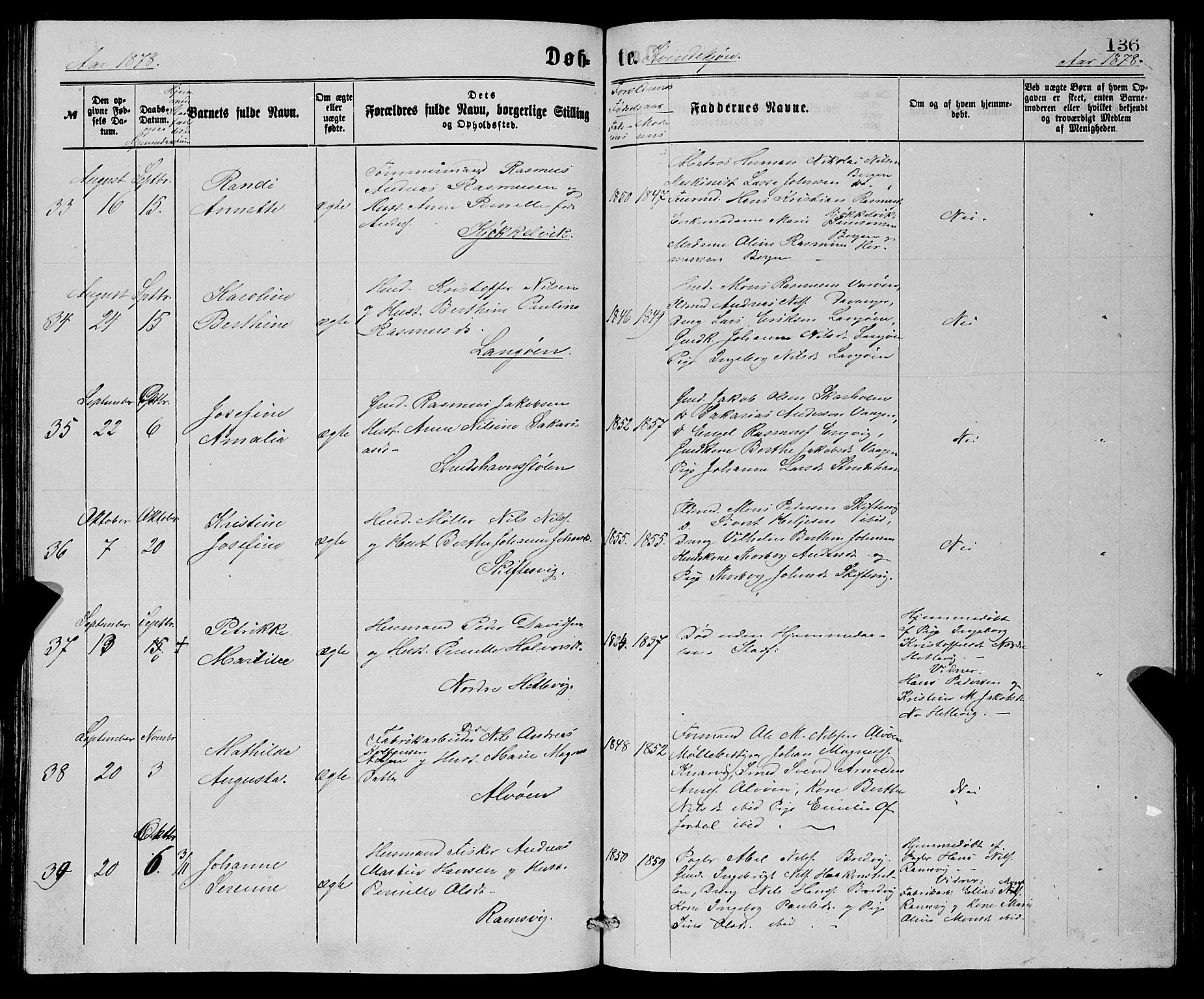 Askøy Sokneprestembete, AV/SAB-A-74101/H/Ha/Hab/Haba/L0007: Parish register (copy) no. A 7, 1871-1881, p. 136