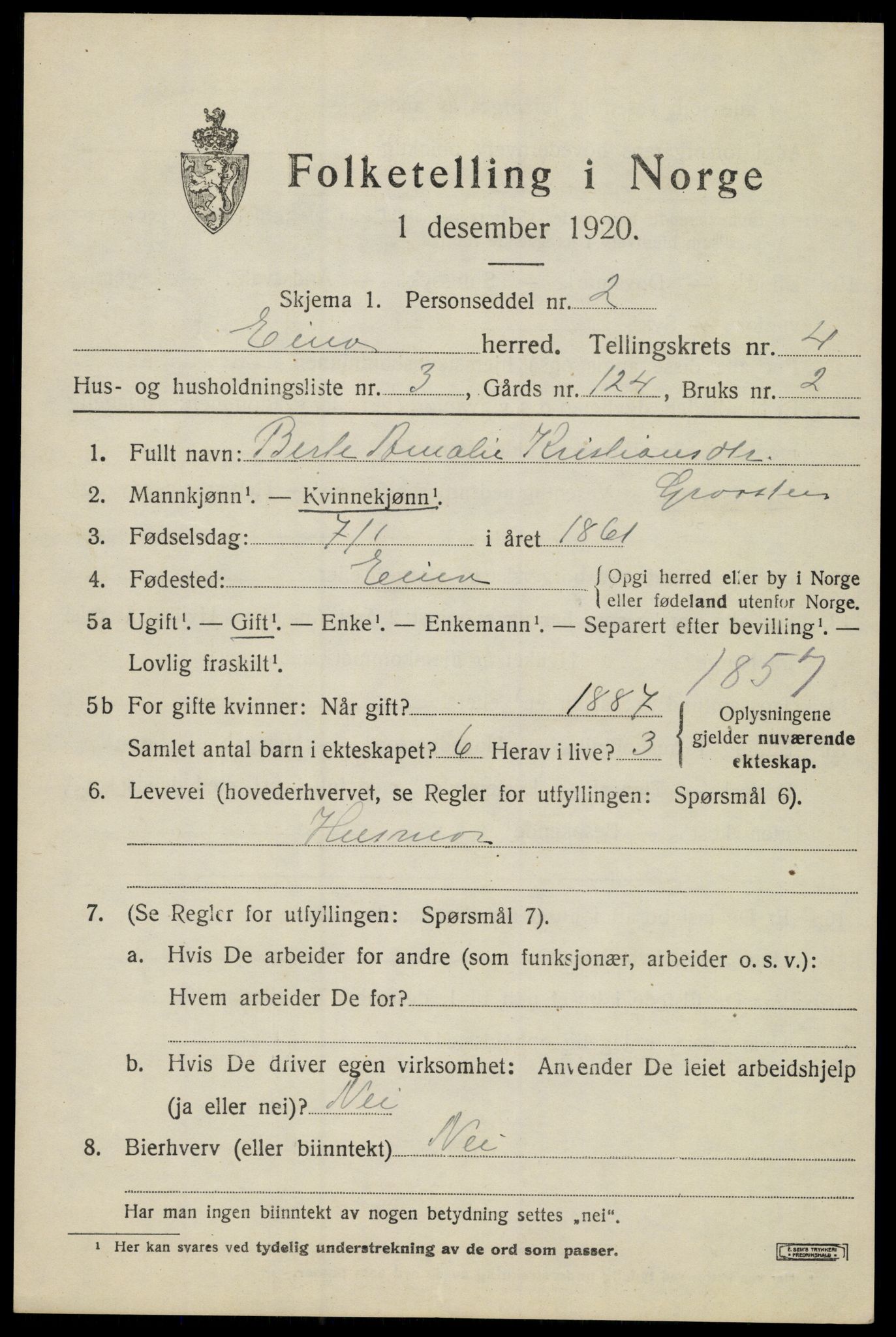 SAH, 1920 census for Eina, 1920, p. 2924