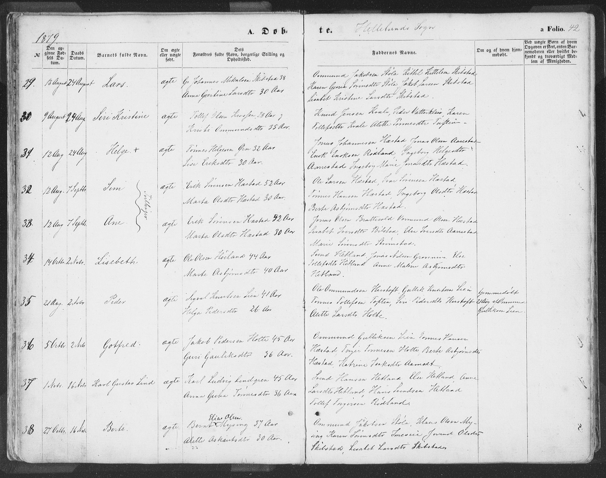 Helleland sokneprestkontor, AV/SAST-A-101810: Parish register (official) no. A 7.1, 1863-1886, p. 42