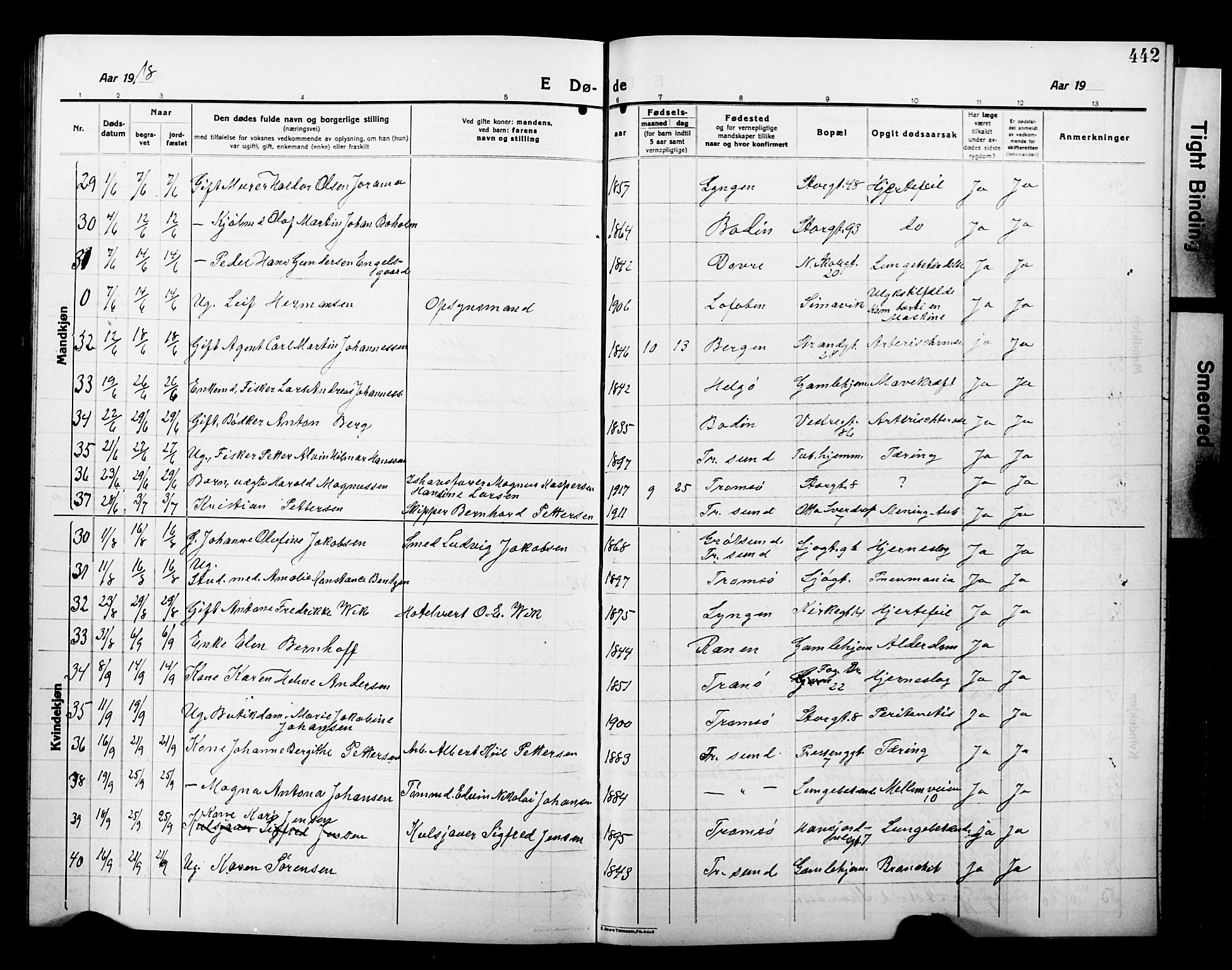 Tromsø sokneprestkontor/stiftsprosti/domprosti, SATØ/S-1343/G/Gb/L0009klokker: Parish register (copy) no. 9, 1915-1925, p. 442