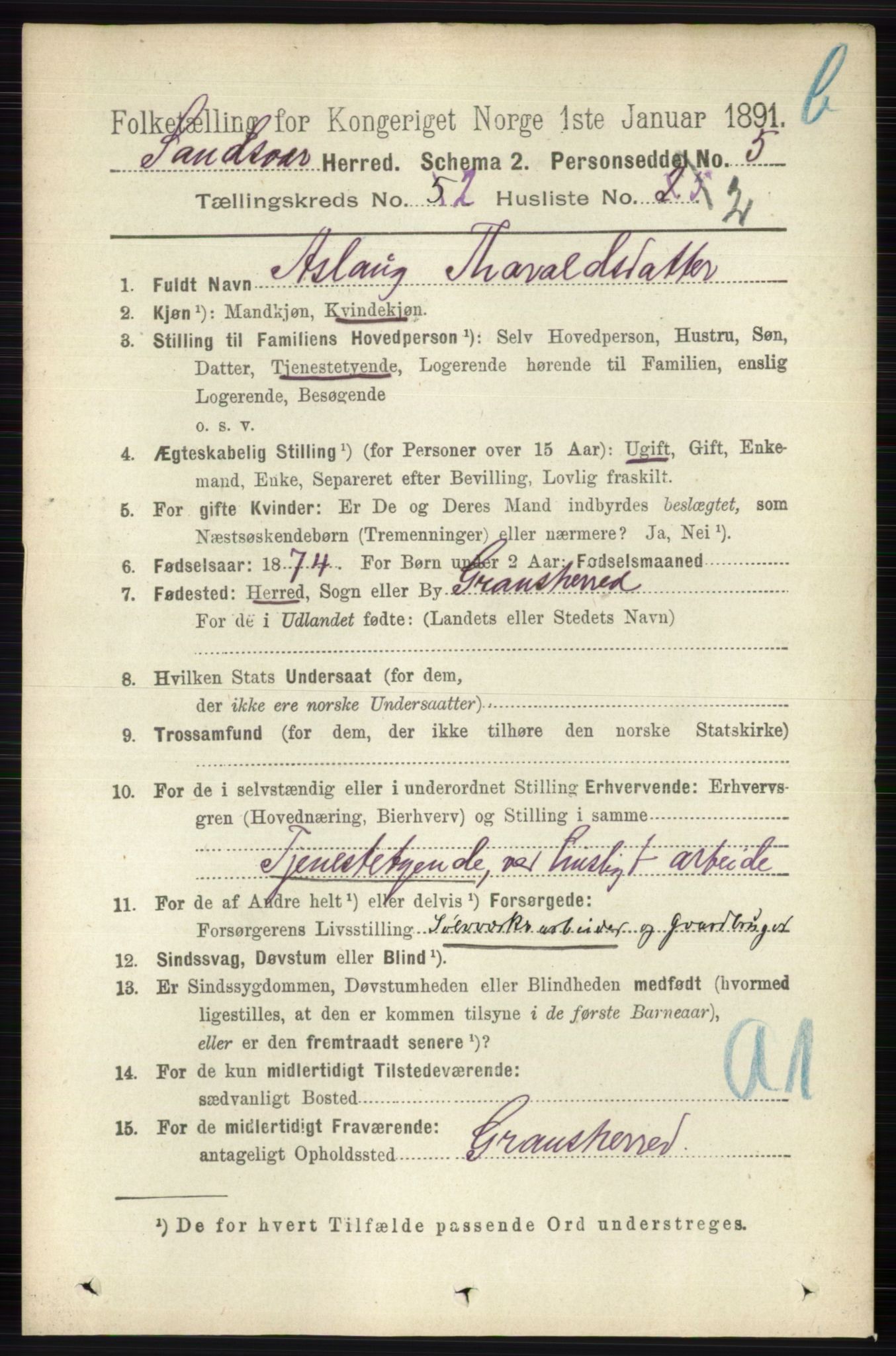 RA, 1891 census for 0629 Sandsvær, 1891, p. 5739