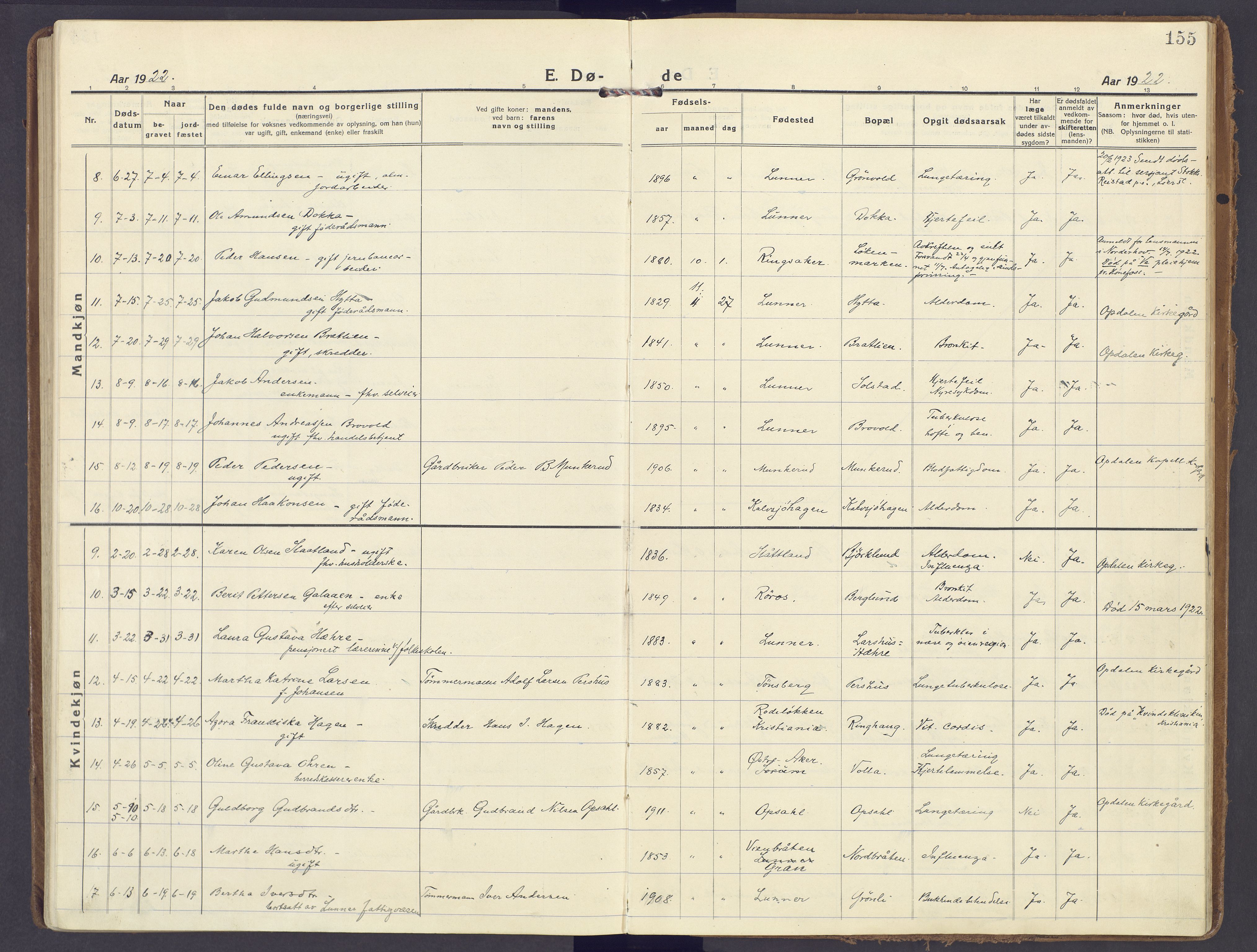 Lunner prestekontor, SAH/PREST-118/H/Ha/Haa/L0002: Parish register (official) no. 2, 1922-1931, p. 155