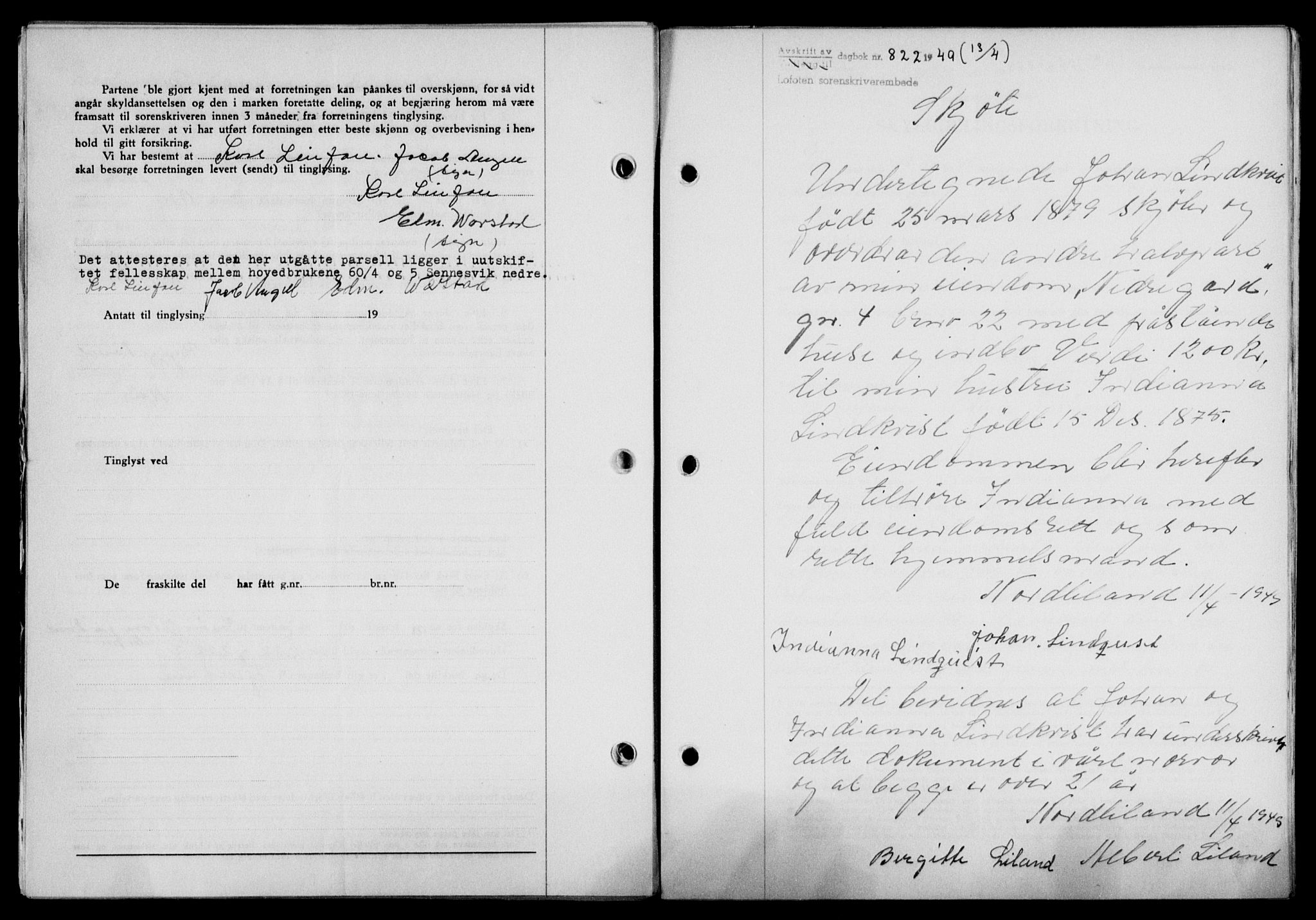 Lofoten sorenskriveri, SAT/A-0017/1/2/2C/L0020a: Mortgage book no. 20a, 1948-1949, Diary no: : 822/1949