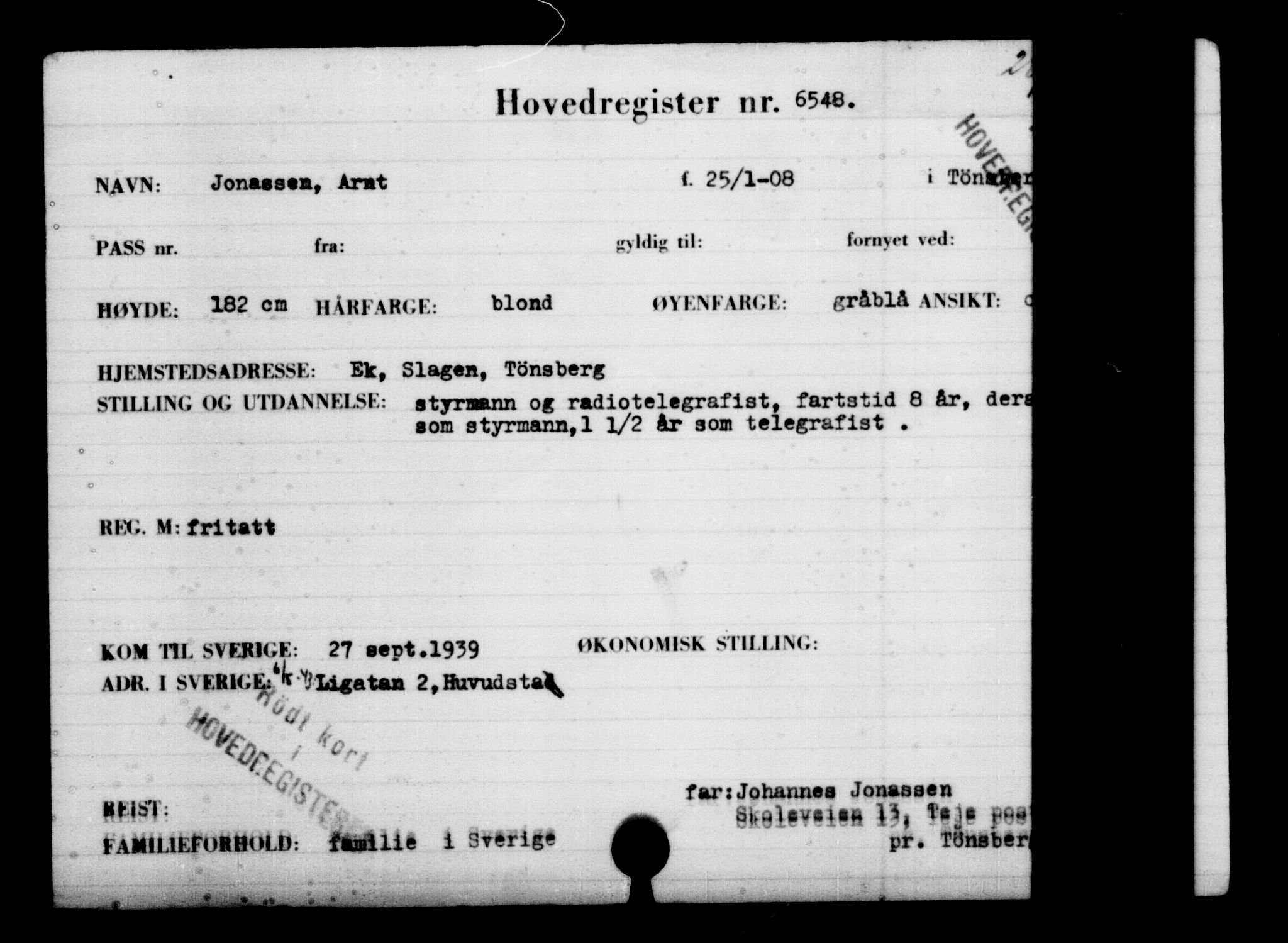 Utenriksstasjonene, Legasjonen i Stockholm, Flyktningkontoret, AV/RA-S-6753/V/Va/L0004: Kjesäterkartoteket, flyktninger med registreringsnr. 3496-6610, 1940-1945, p. 3610