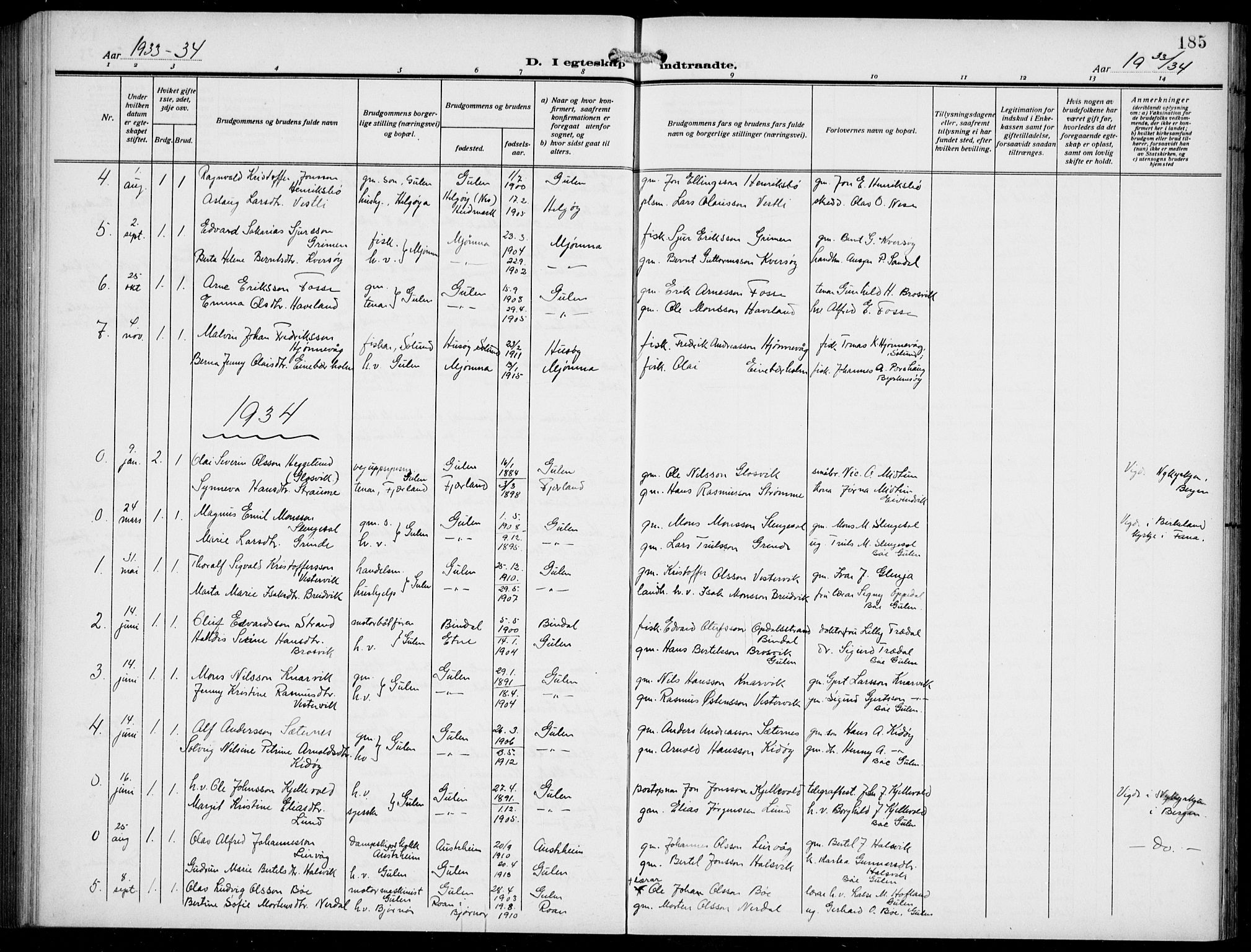 Gulen sokneprestembete, AV/SAB-A-80201/H/Hab/Habb/L0004: Parish register (copy) no. B 4, 1908-1936, p. 185