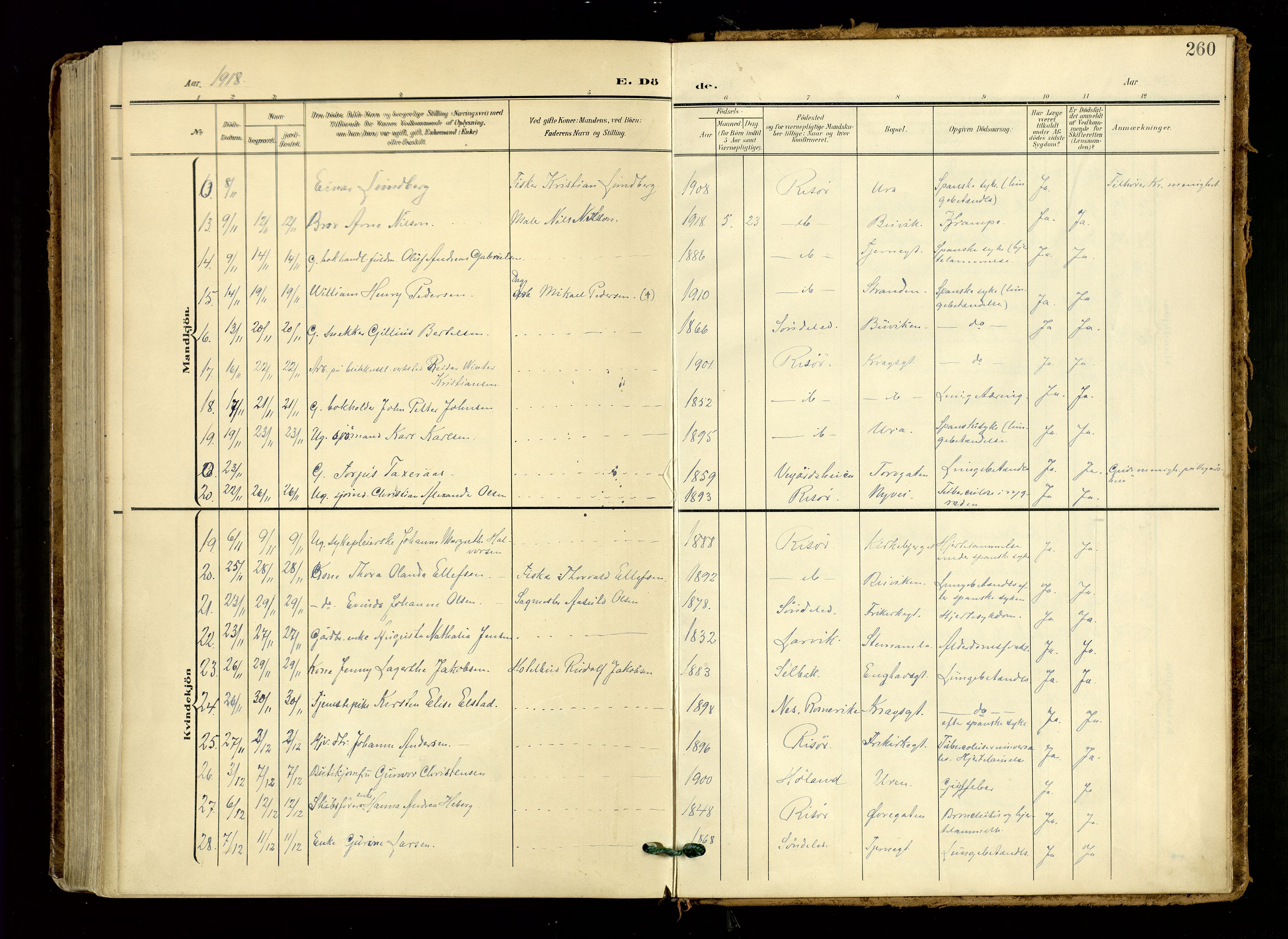 Risør sokneprestkontor, AV/SAK-1111-0035/F/Fa/L0011: Parish register (official) no. A 11, 1907-1920, p. 260