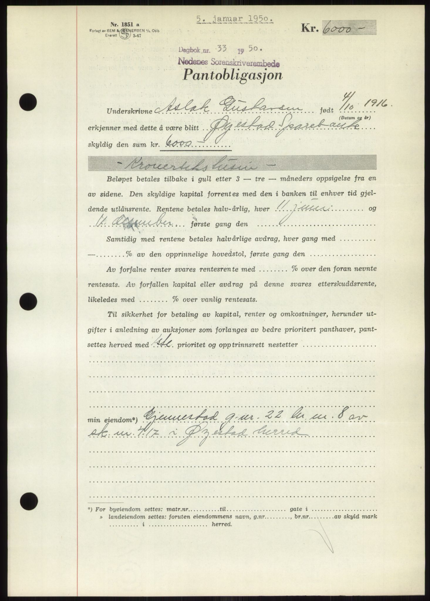 Nedenes sorenskriveri, SAK/1221-0006/G/Gb/Gbb/L0007: Mortgage book no. B7, 1949-1950, Diary no: : 33/1950