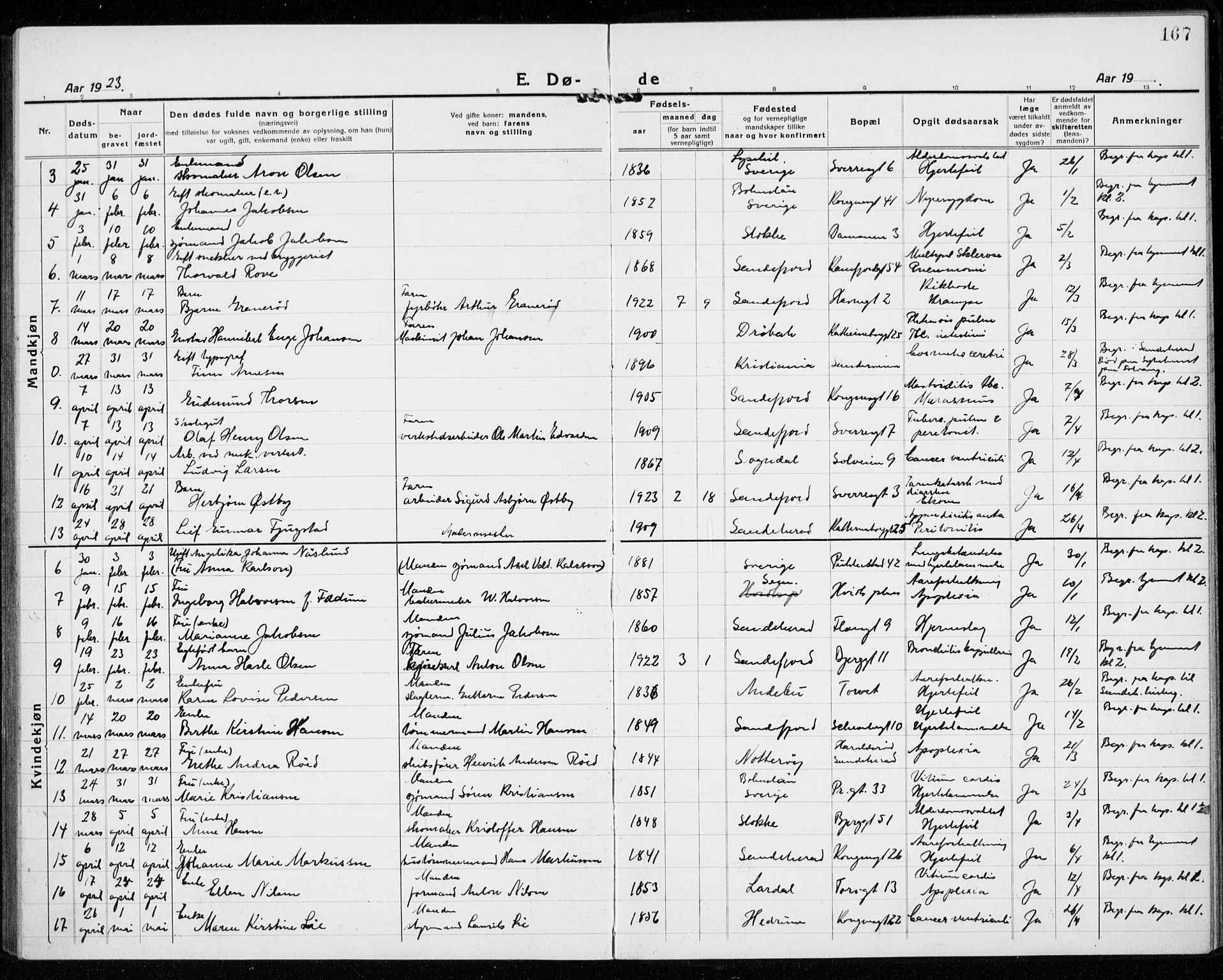 Sandefjord kirkebøker, SAKO/A-315/G/Ga/L0004: Parish register (copy) no. 4, 1920-1931, p. 167