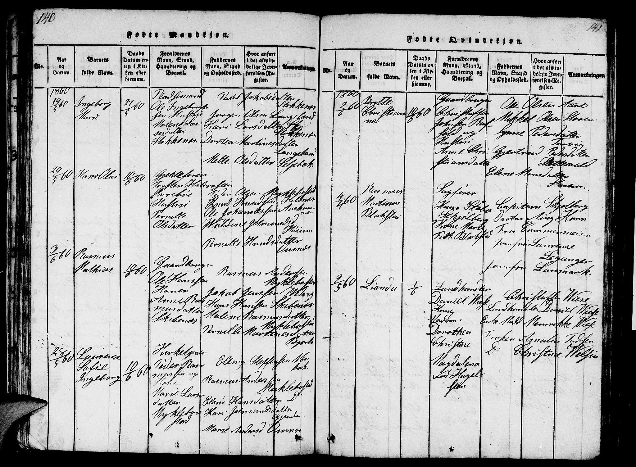 Eid sokneprestembete, AV/SAB-A-82301/H/Hab/Haba/L0001: Parish register (copy) no. A 1, 1816-1862, p. 140-141