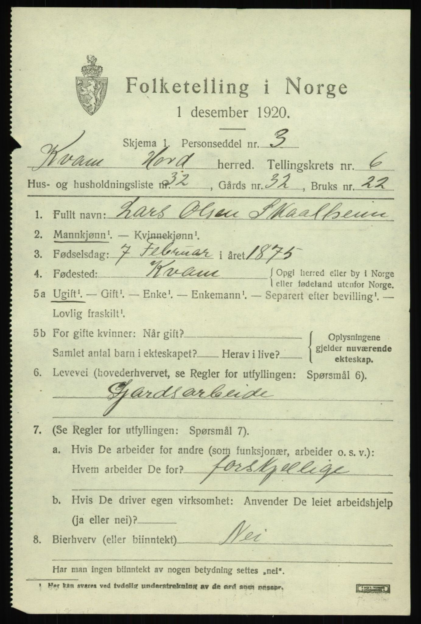 SAB, 1920 census for Kvam, 1920, p. 4731