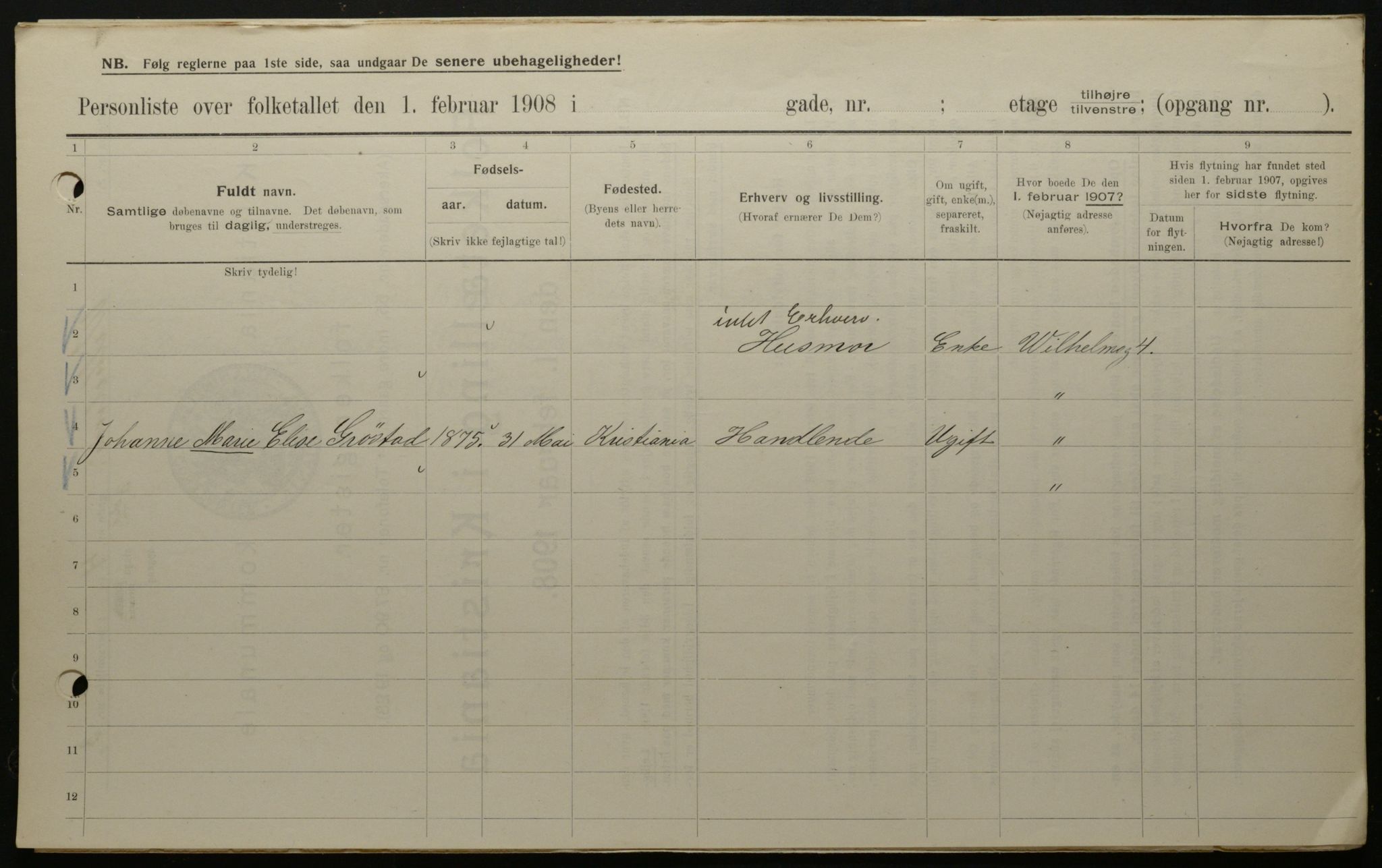 OBA, Municipal Census 1908 for Kristiania, 1908, p. 115087