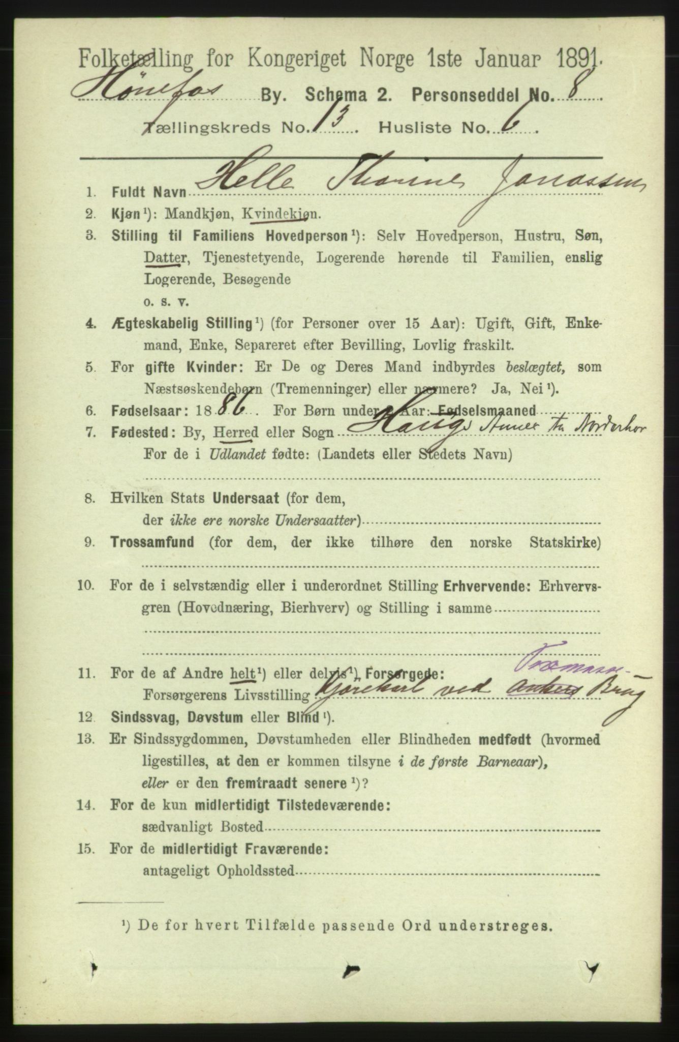 RA, 1891 census for 0601 Hønefoss, 1891, p. 1645