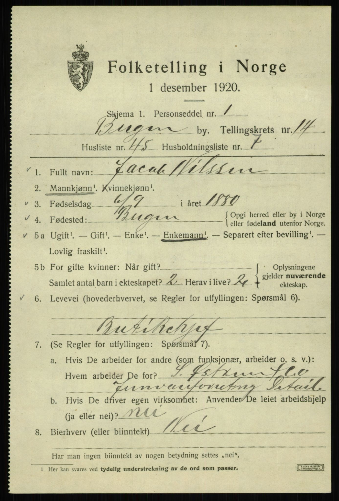 SAB, 1920 census for Bergen, 1920, p. 77135