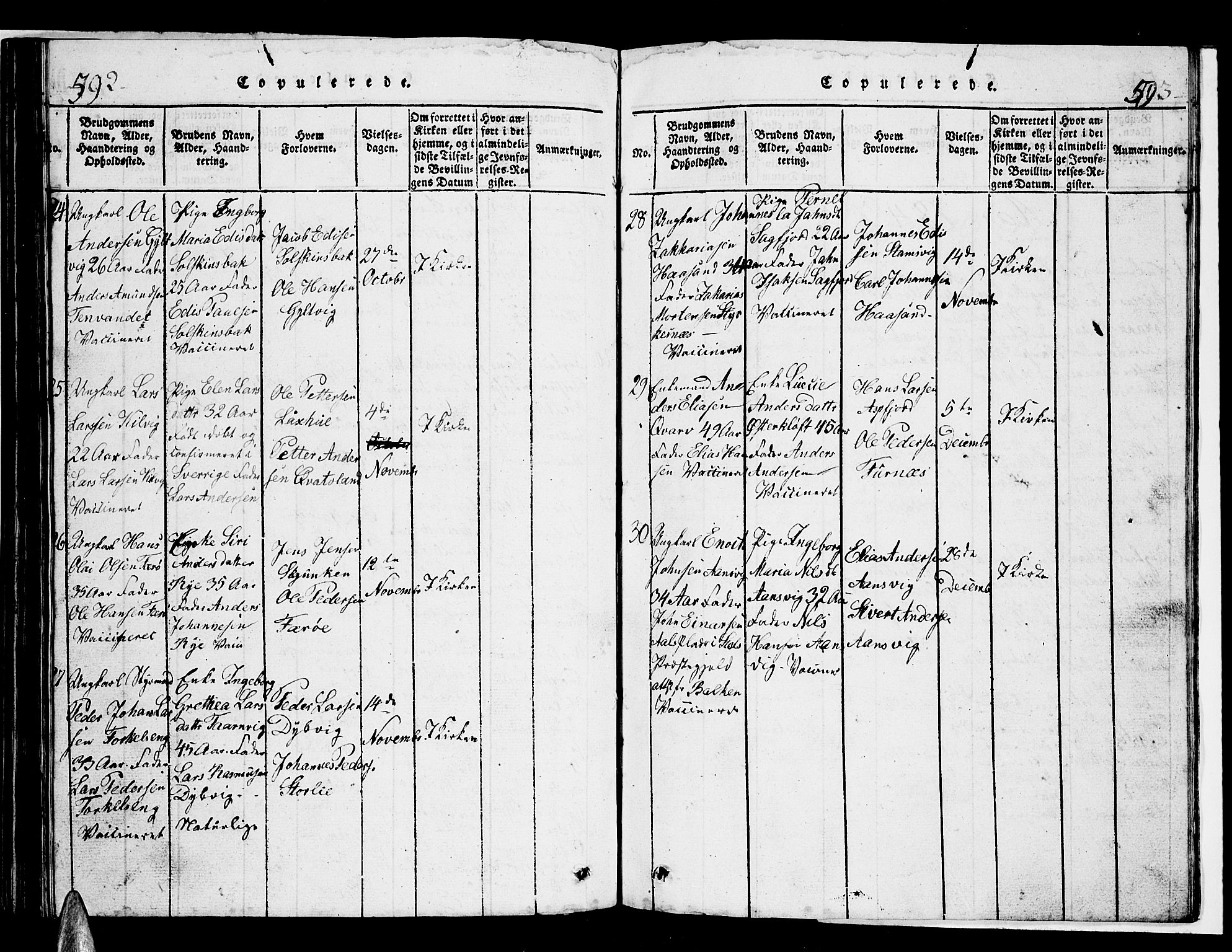 Ministerialprotokoller, klokkerbøker og fødselsregistre - Nordland, AV/SAT-A-1459/853/L0773: Parish register (copy) no. 853C01, 1821-1859, p. 592-593