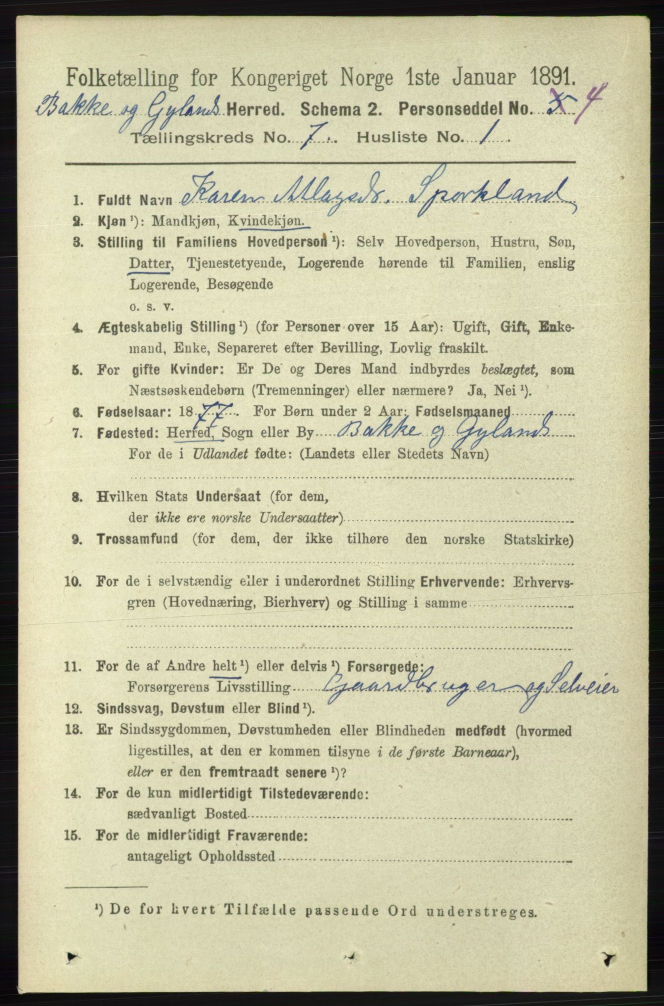 RA, 1891 census for 1045 Bakke, 1891, p. 1308