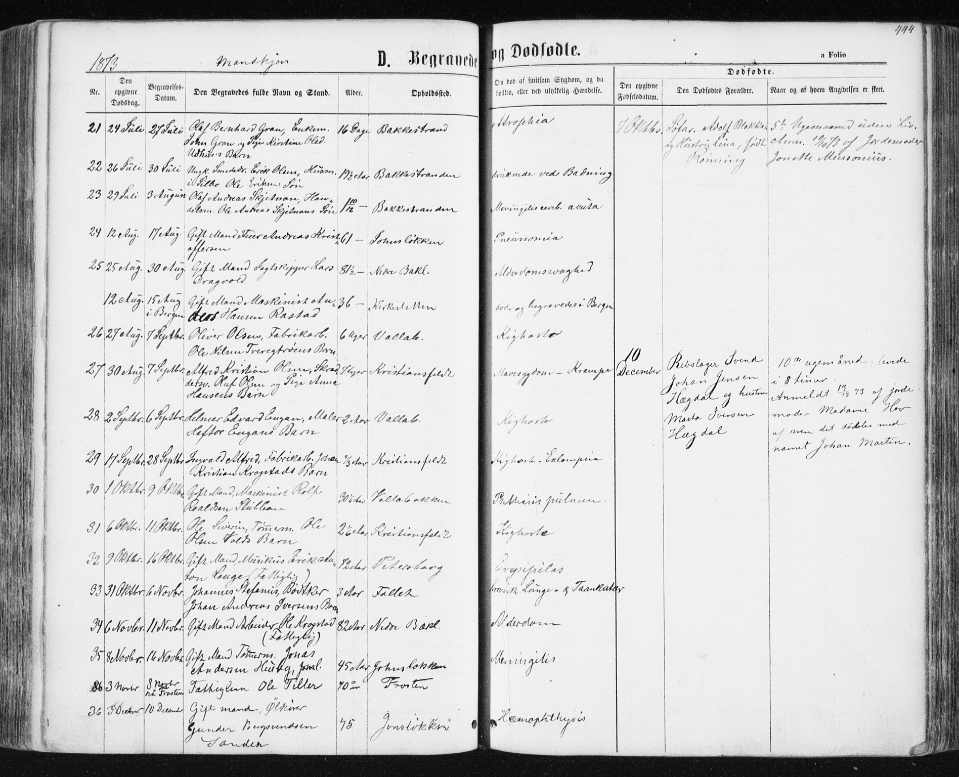 Ministerialprotokoller, klokkerbøker og fødselsregistre - Sør-Trøndelag, SAT/A-1456/604/L0186: Parish register (official) no. 604A07, 1866-1877, p. 444