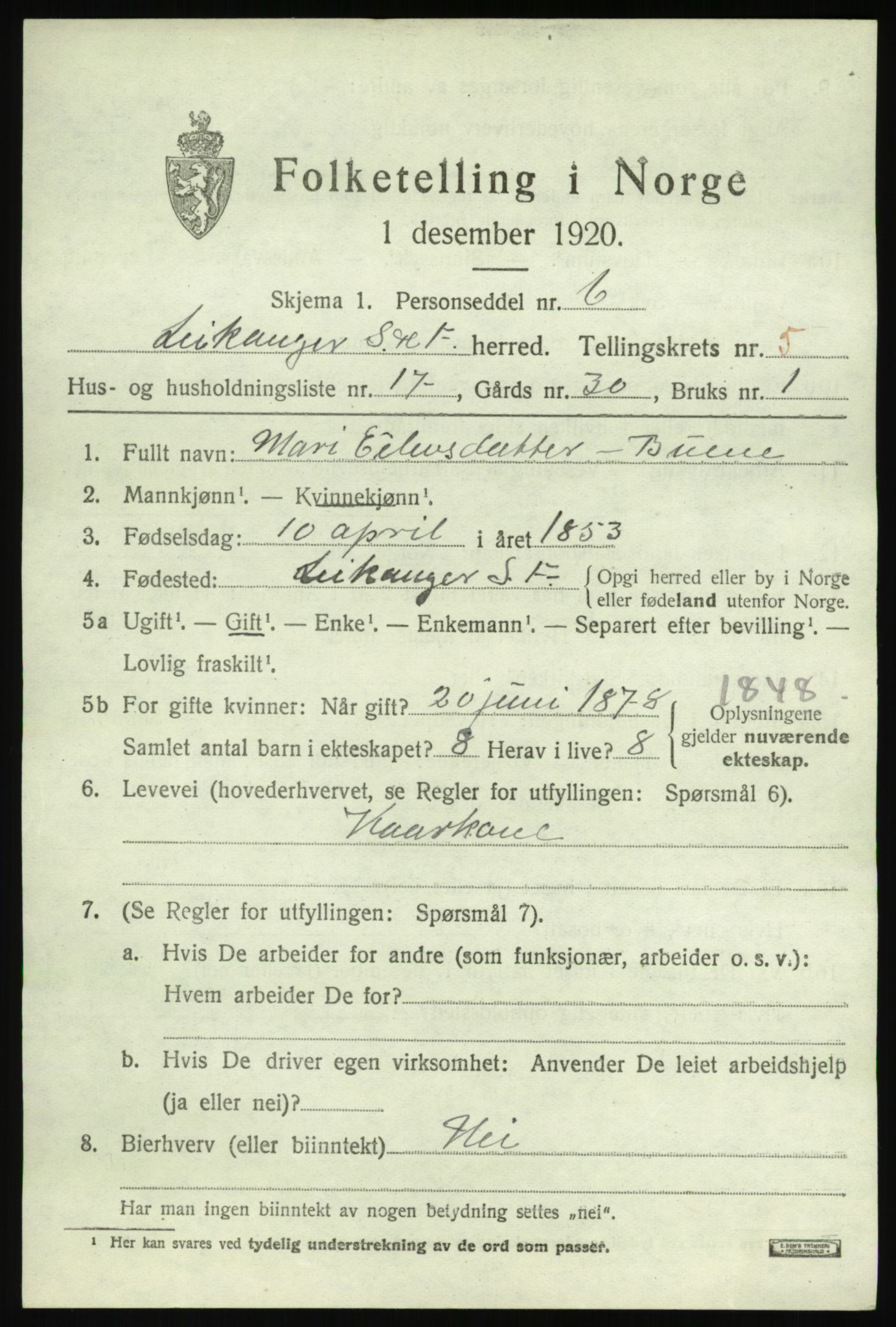 SAB, 1920 census for Leikanger, 1920, p. 3804