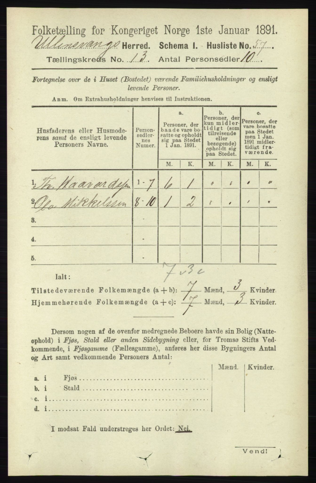 RA, 1891 census for 1230 Ullensvang, 1891, p. 5078