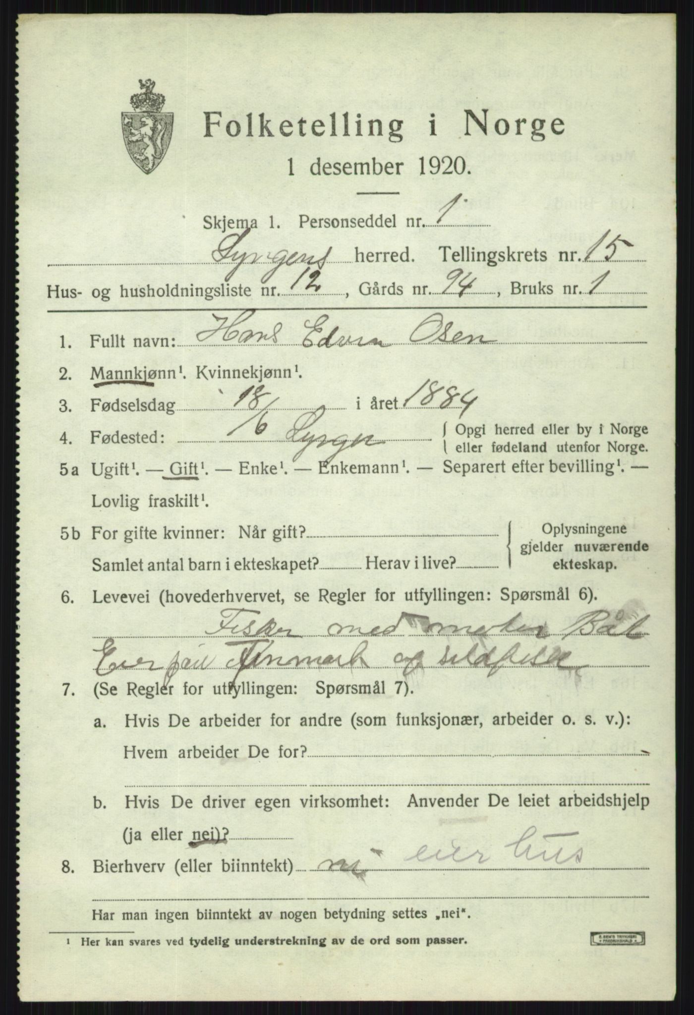 SATØ, 1920 census for Lyngen, 1920, p. 12989