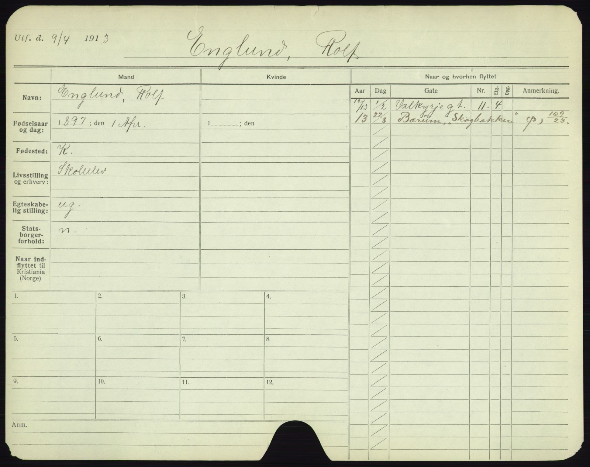 Oslo folkeregister, Registerkort, AV/SAO-A-11715/F/Fa/Fac/L0002: Menn, 1906-1914, p. 1006a