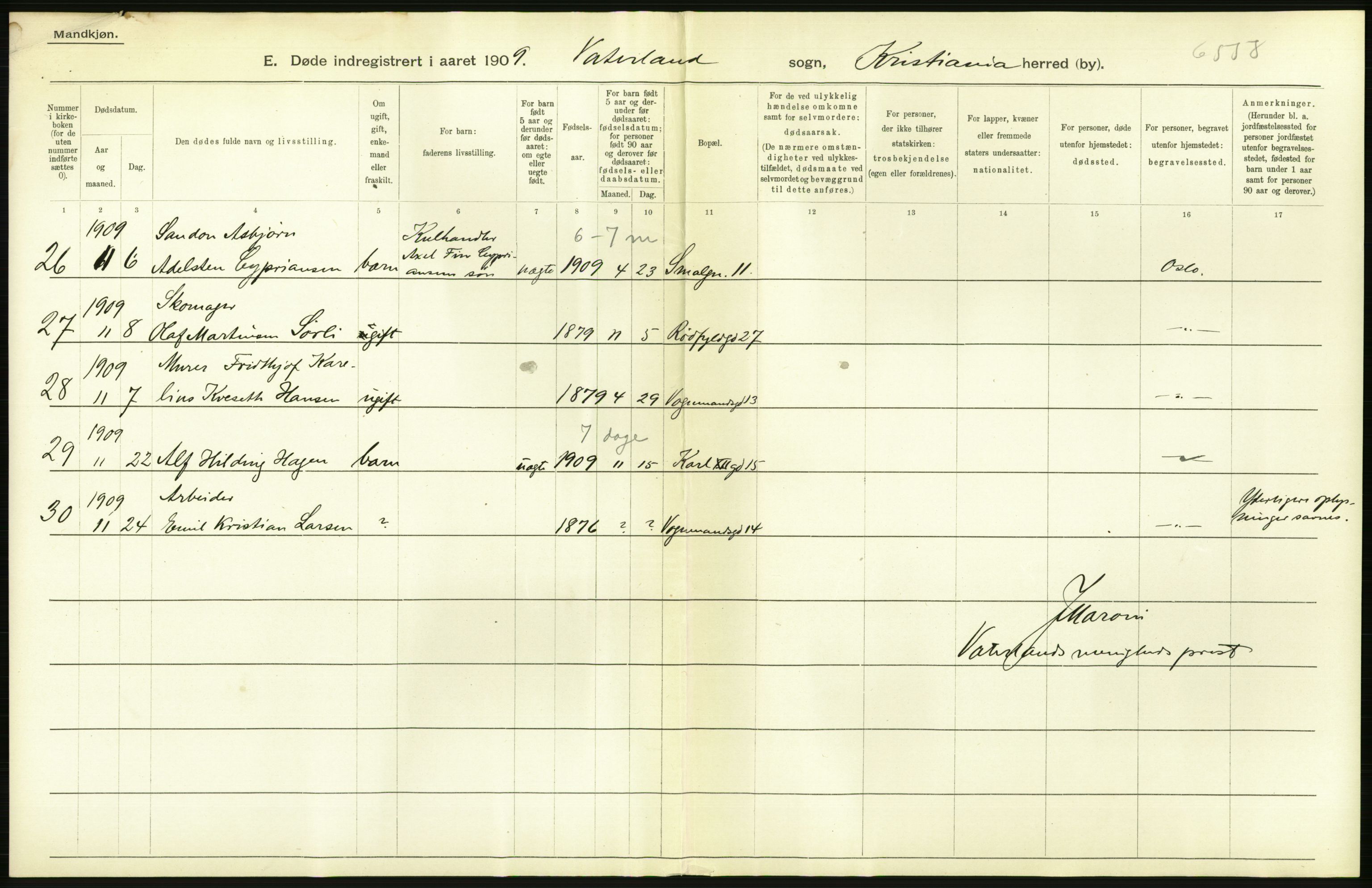 Statistisk sentralbyrå, Sosiodemografiske emner, Befolkning, AV/RA-S-2228/D/Df/Dfa/Dfag/L0010: Kristiania: Døde, dødfødte., 1909, p. 396