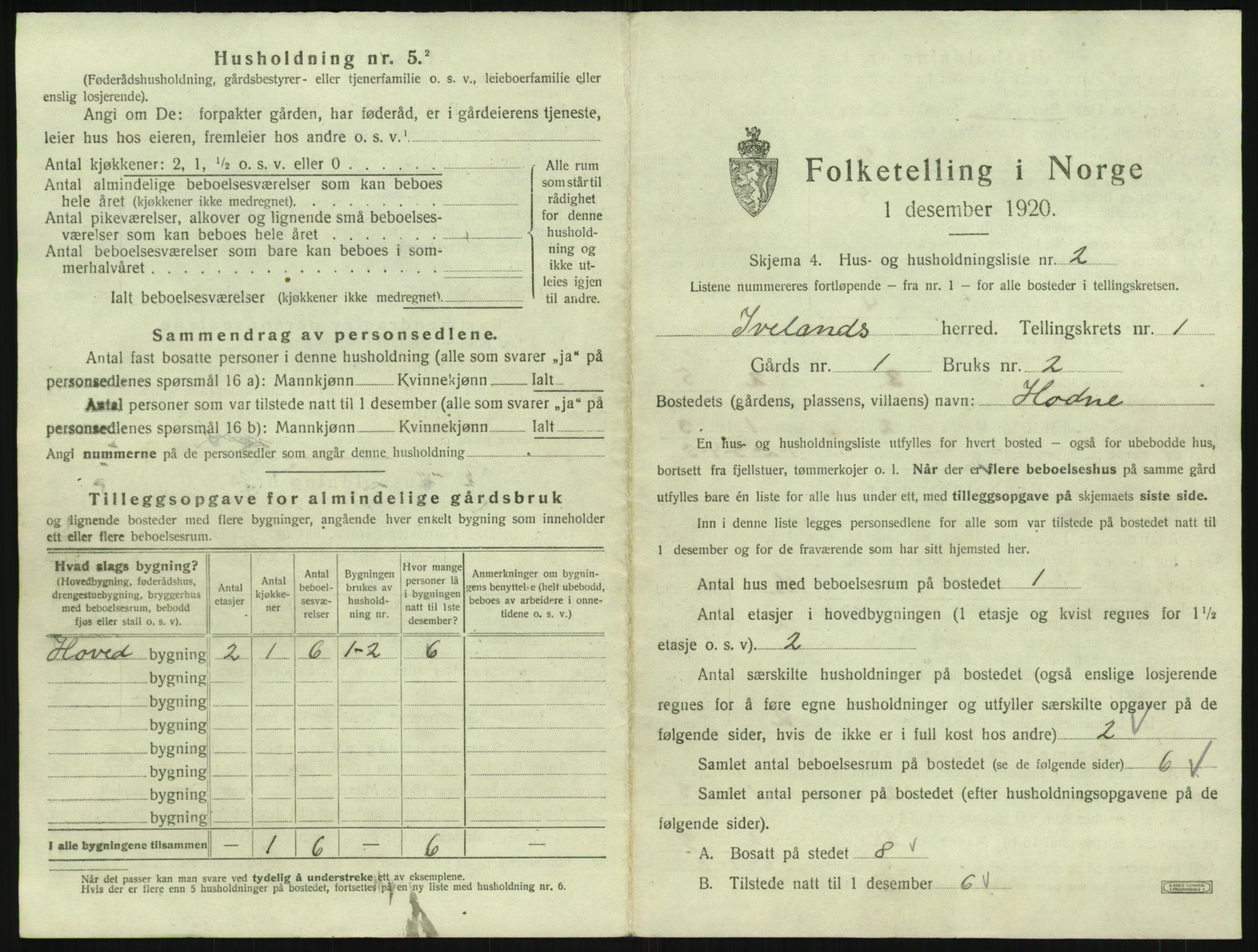 SAK, 1920 census for Iveland, 1920, p. 39