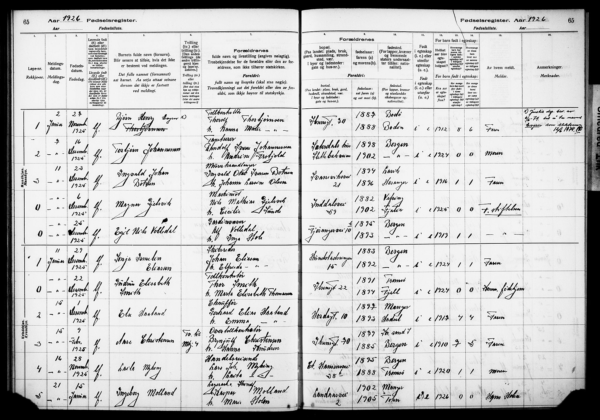 Årstad Sokneprestembete, SAB/A-79301/I/Id/L0A03: Birth register no. A 3, 1924-1929, p. 65