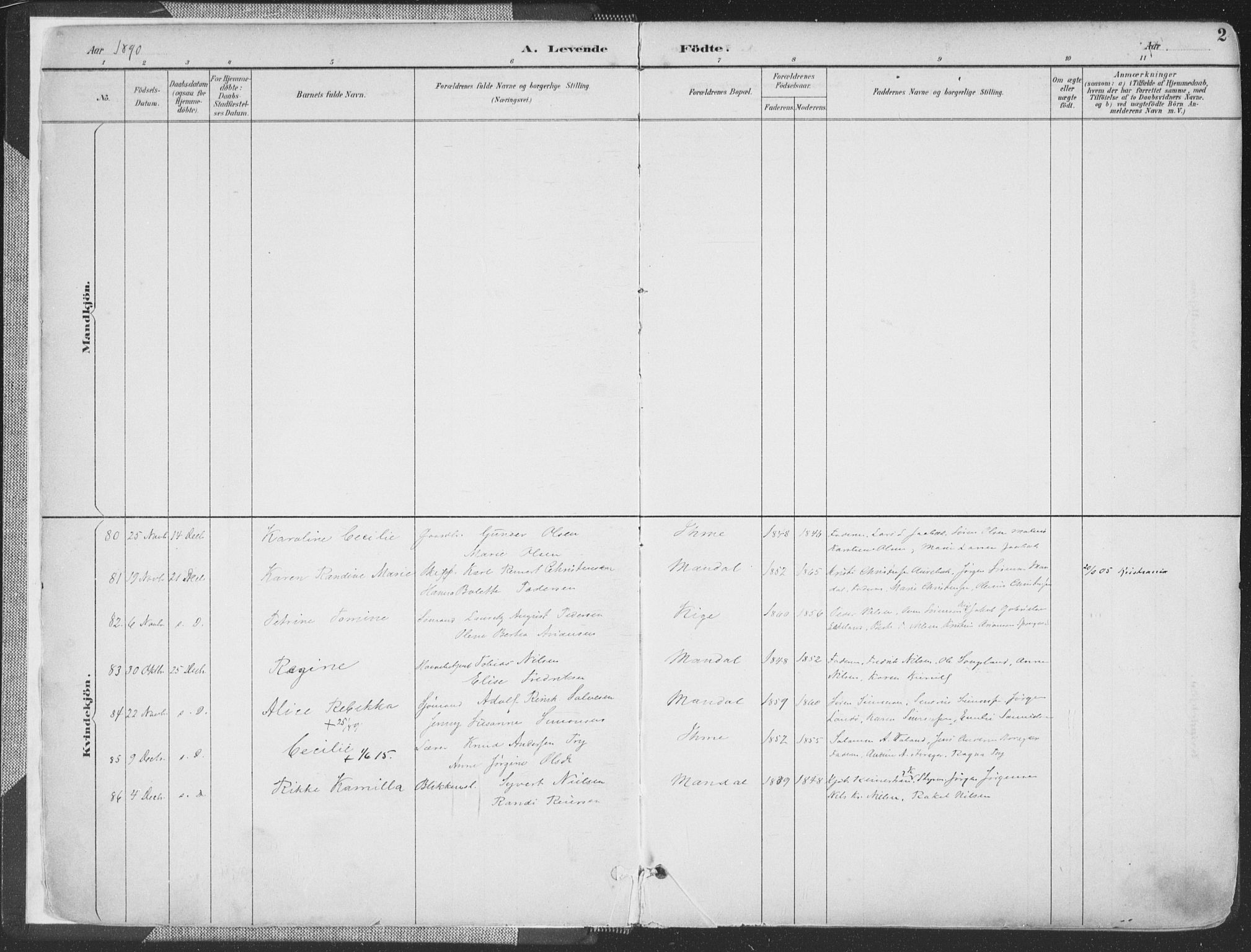 Mandal sokneprestkontor, SAK/1111-0030/F/Fa/Faa/L0018: Parish register (official) no. A 18, 1890-1905, p. 2