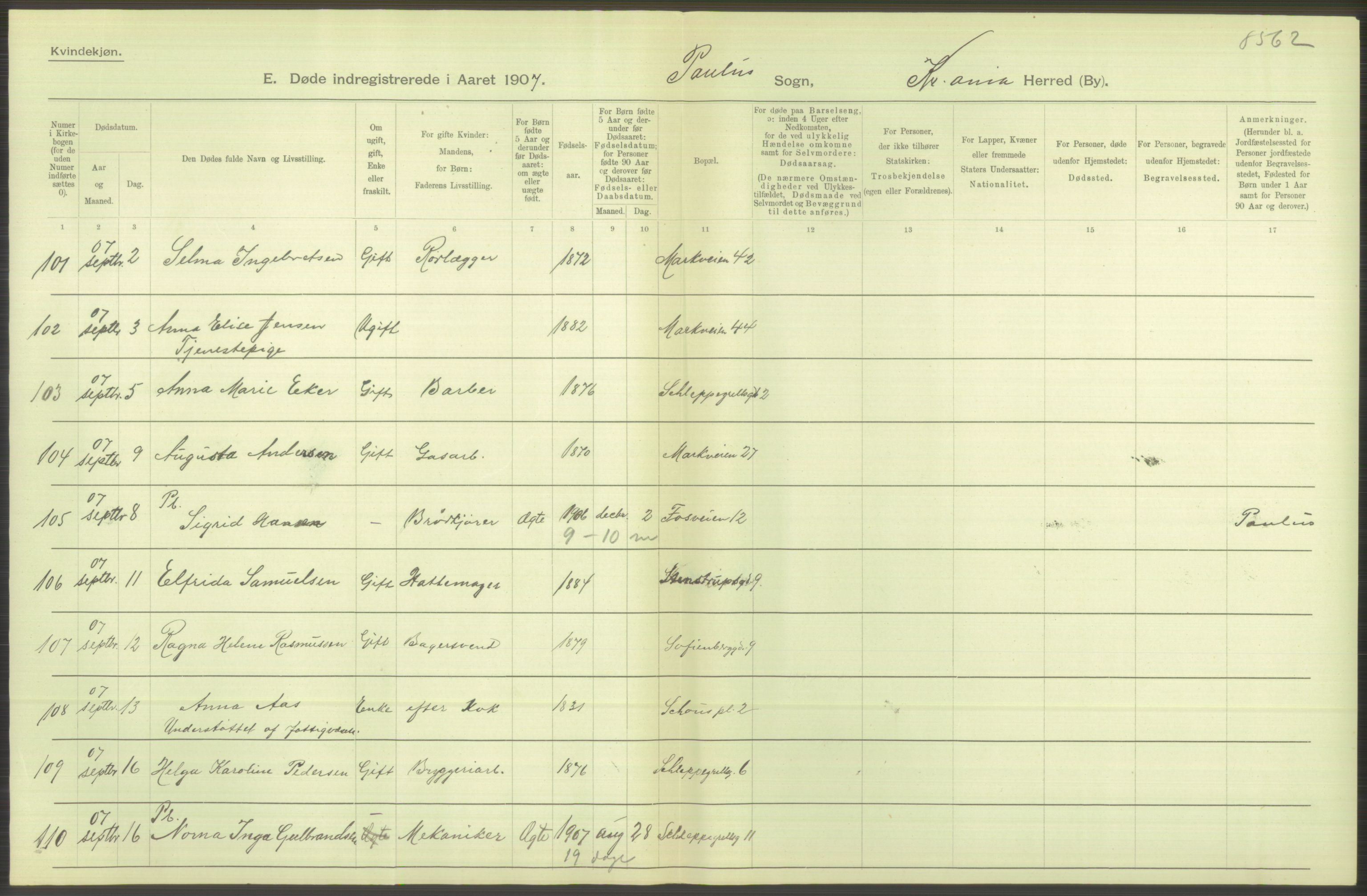 Statistisk sentralbyrå, Sosiodemografiske emner, Befolkning, AV/RA-S-2228/D/Df/Dfa/Dfae/L0009: Kristiania: Døde, 1907, p. 384