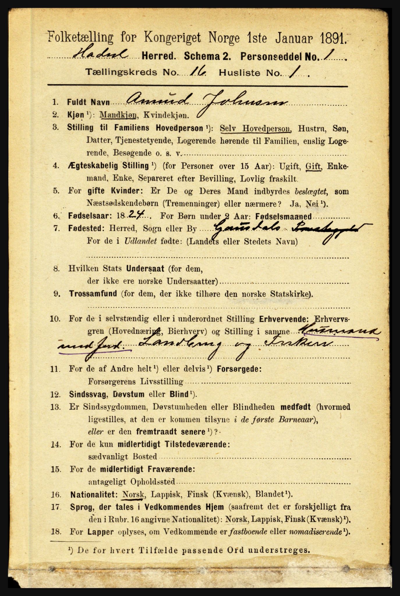 RA, 1891 census for 1866 Hadsel, 1891, p. 7272