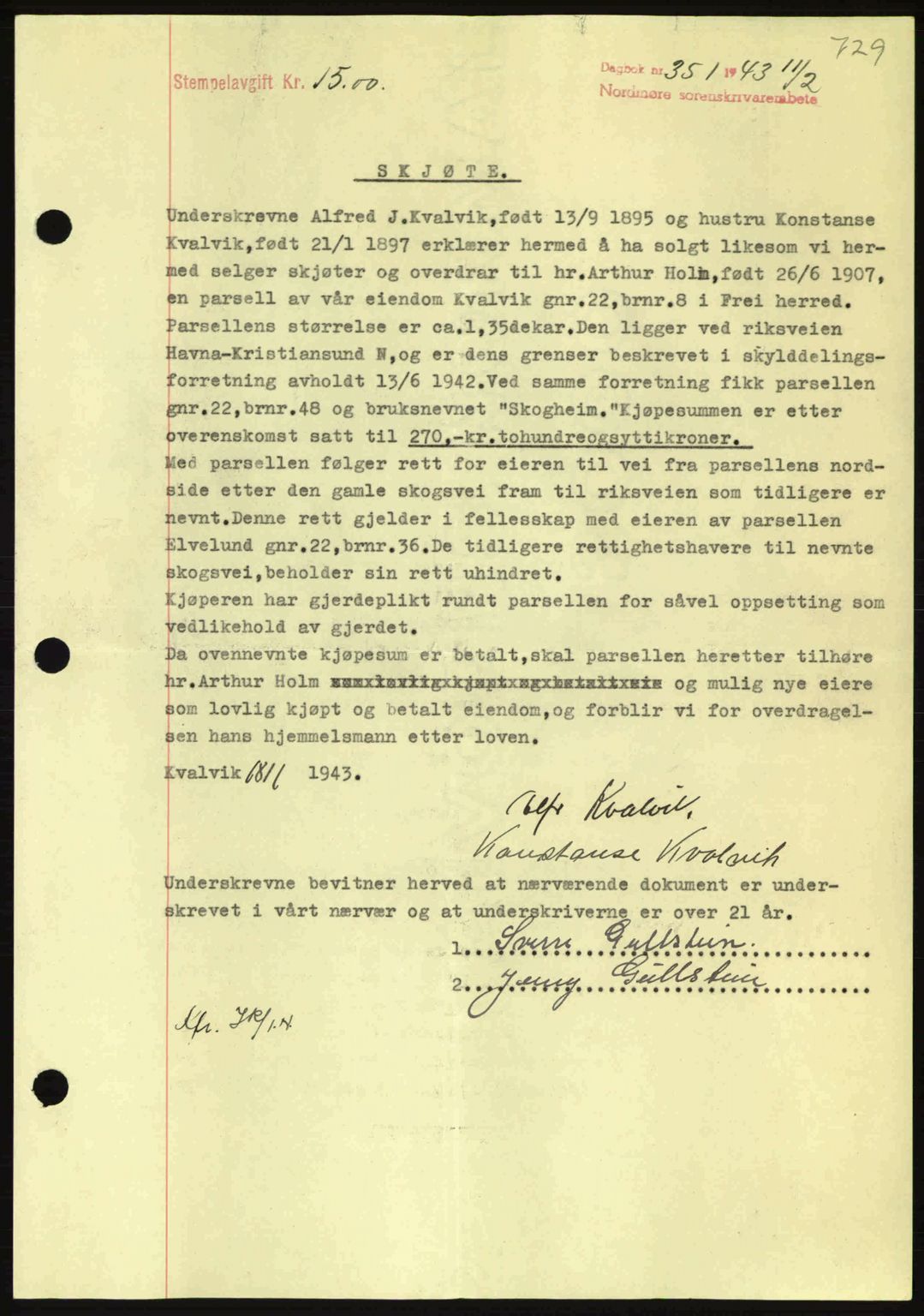 Nordmøre sorenskriveri, AV/SAT-A-4132/1/2/2Ca: Mortgage book no. A94, 1942-1943, Diary no: : 351/1943