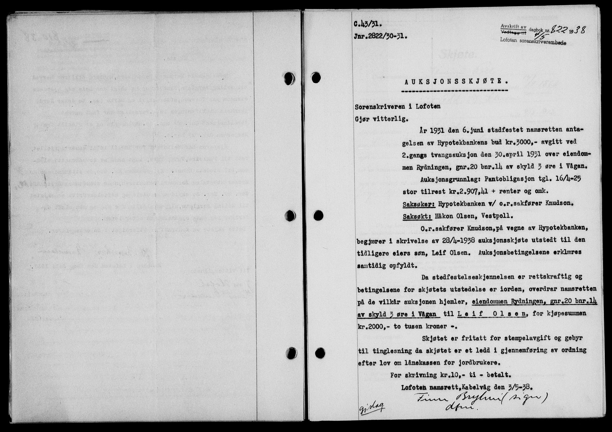 Lofoten sorenskriveri, SAT/A-0017/1/2/2C/L0004a: Mortgage book no. 4a, 1938-1938, Diary no: : 822/1938
