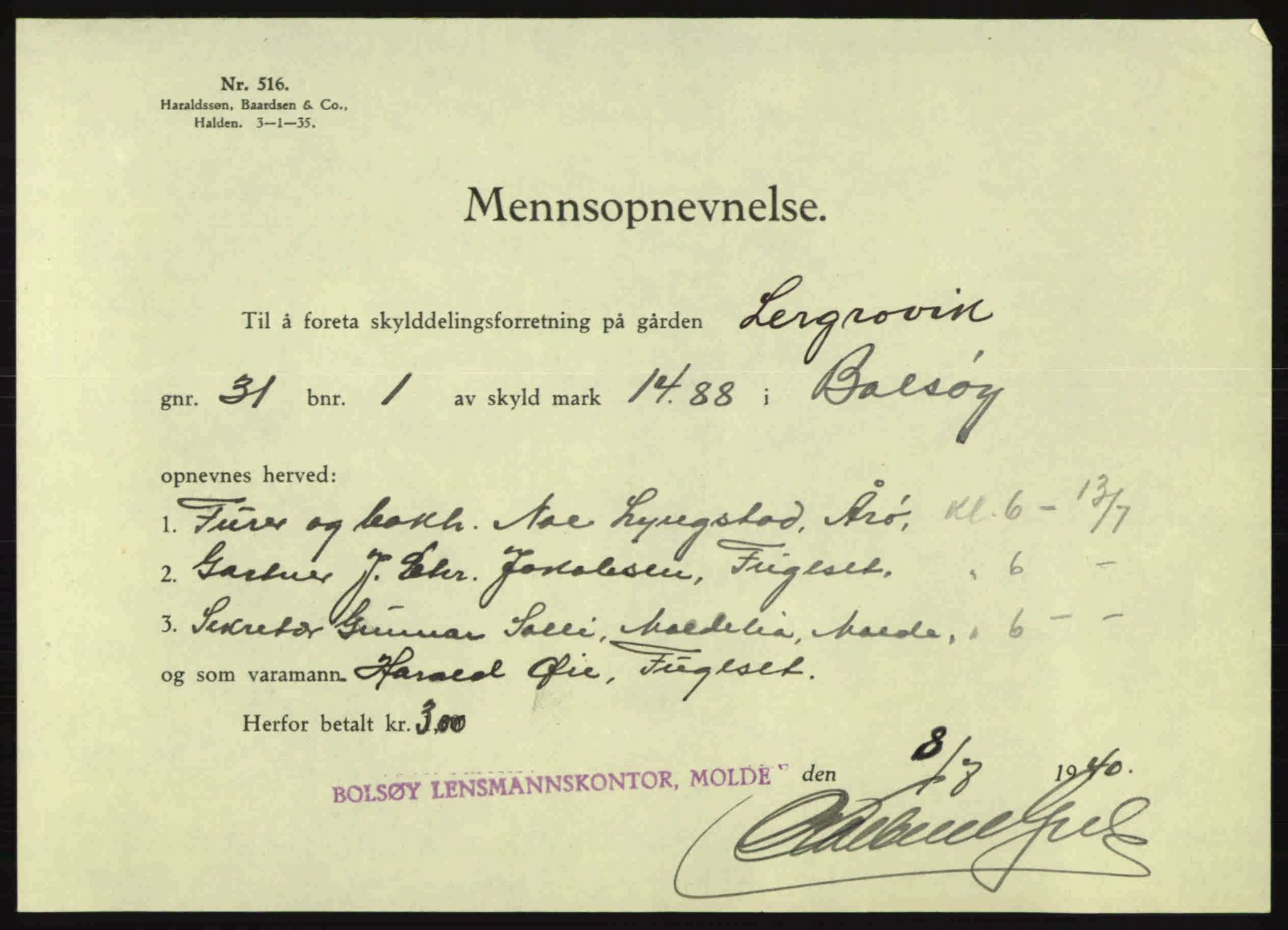 Romsdal sorenskriveri, AV/SAT-A-4149/1/2/2C: Mortgage book no. A8, 1939-1940, Diary no: : 609/1940