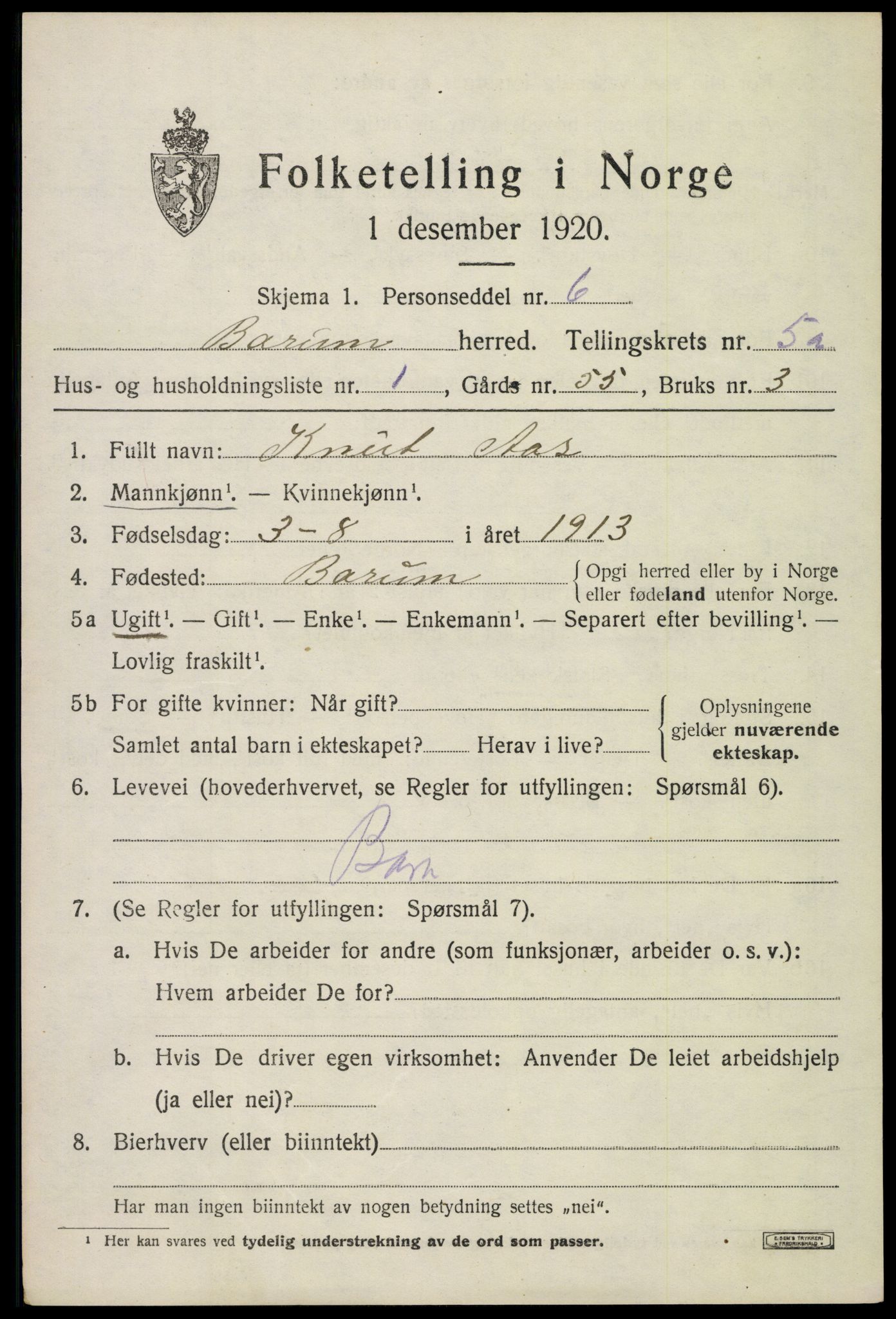 SAO, 1920 census for Bærum, 1920, p. 9744