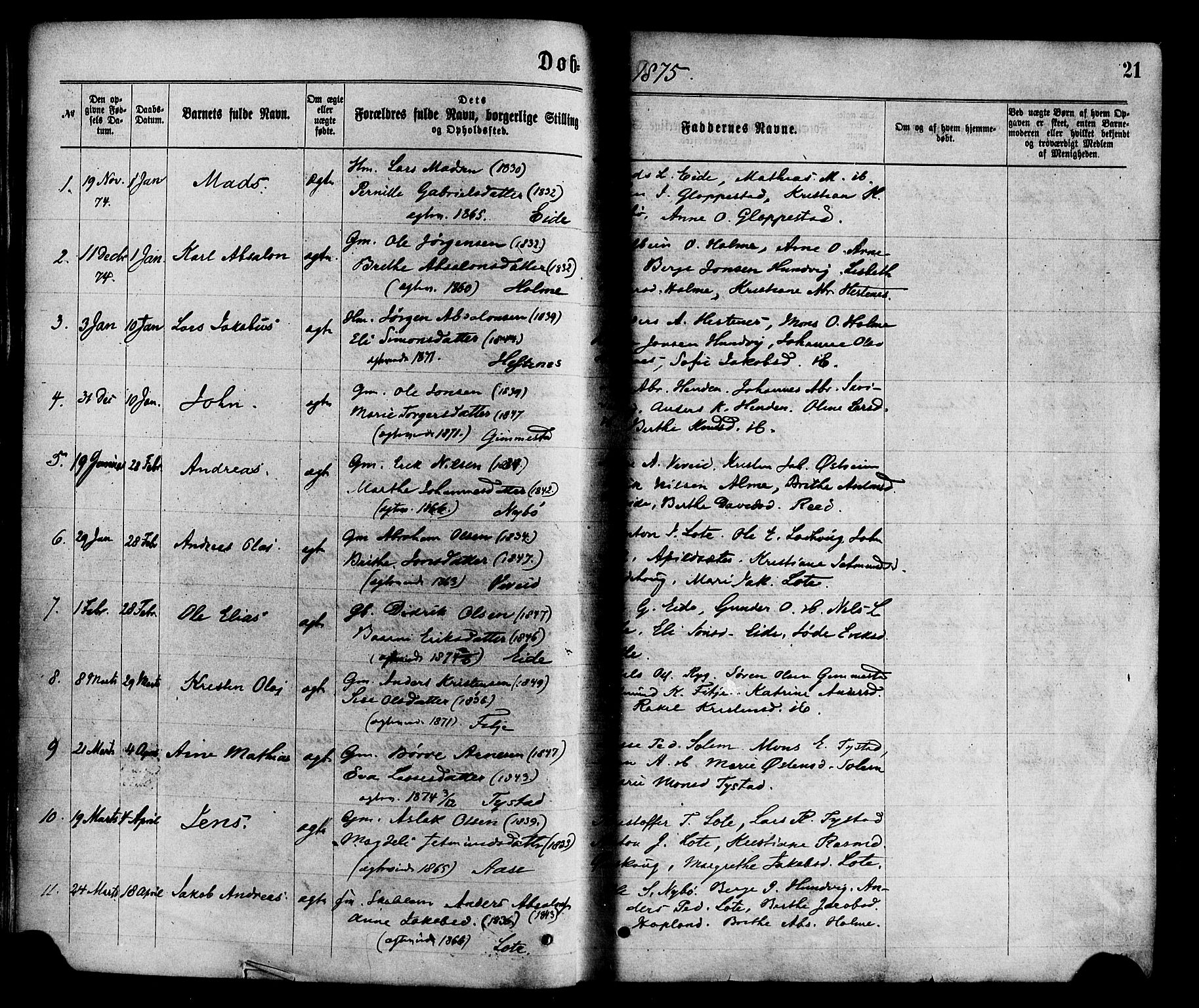 Gloppen sokneprestembete, SAB/A-80101/H/Haa/Haaa/L0010: Parish register (official) no. A 10, 1871-1884, p. 21