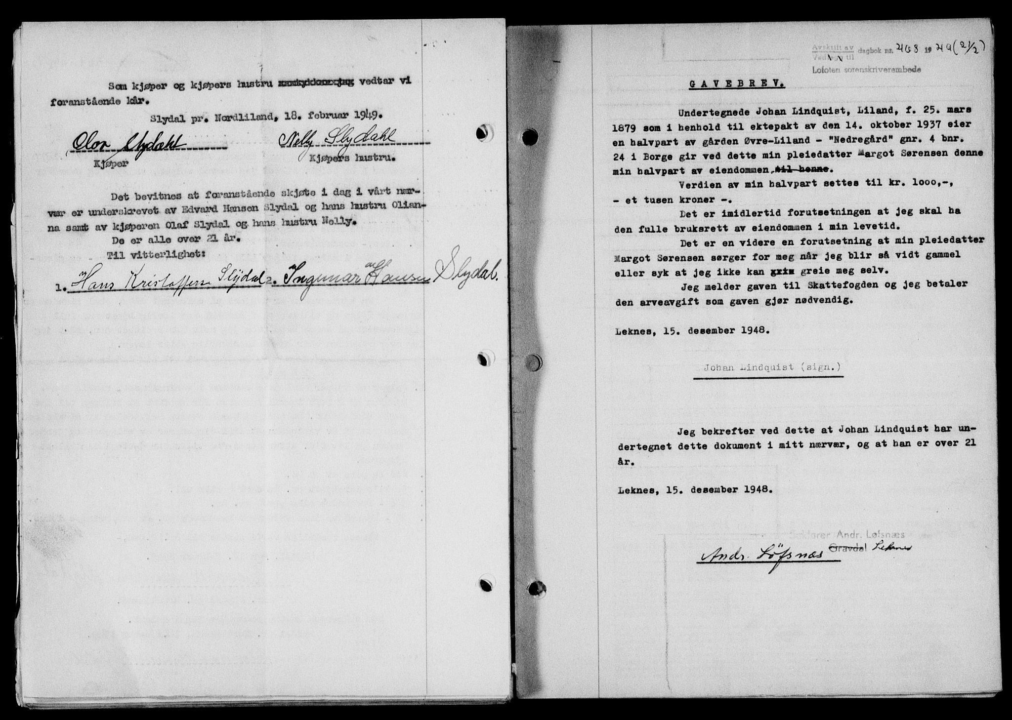 Lofoten sorenskriveri, SAT/A-0017/1/2/2C/L0020a: Mortgage book no. 20a, 1948-1949, Diary no: : 468/1949