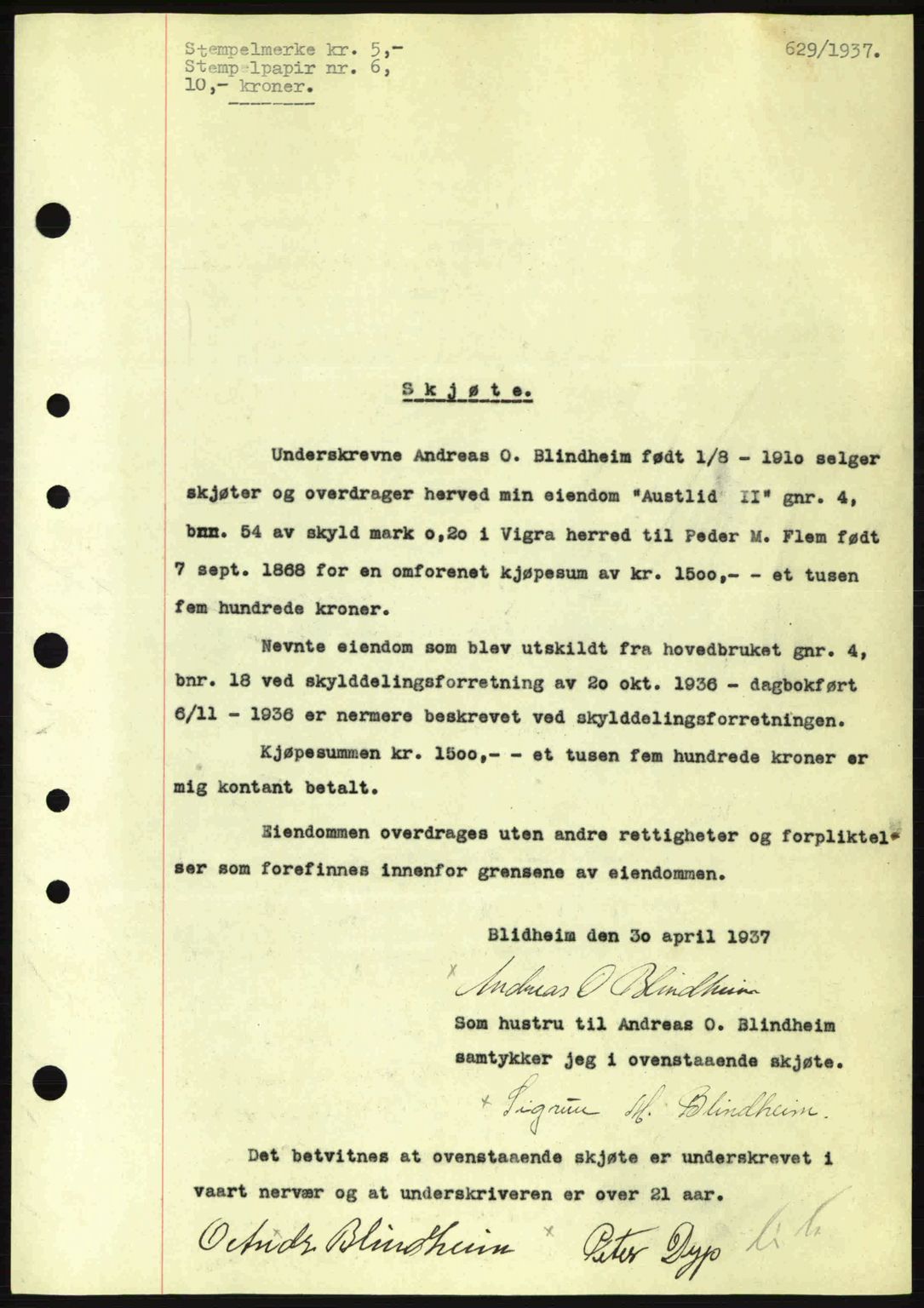 Nordre Sunnmøre sorenskriveri, AV/SAT-A-0006/1/2/2C/2Ca: Mortgage book no. A2, 1936-1937, Diary no: : 629/1937